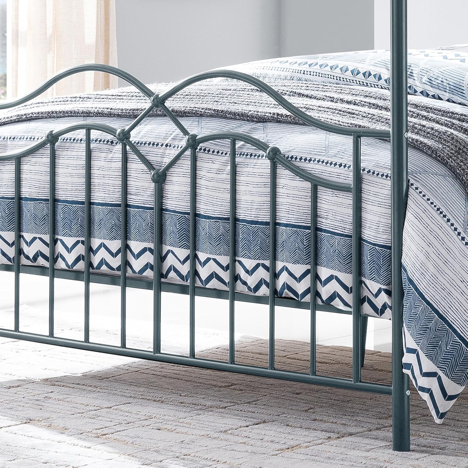 Merax Queen Size Canopy Bed Frame, Metal Four-Poster Platform Bed Frame, Under-Bed Storage Space, No Box Spring Needed Easy Assembly Blue