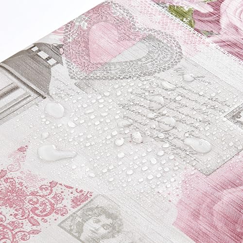 KP HOME Toile Cirée Rectangulaire 300 x 140 cm – Nappe Plastique Motif de Shabby Chic Grise - Essuyable Imperméable Nappe PVC, Grandes Fleurs Imprimé Romantique de Roses Roses - 4
