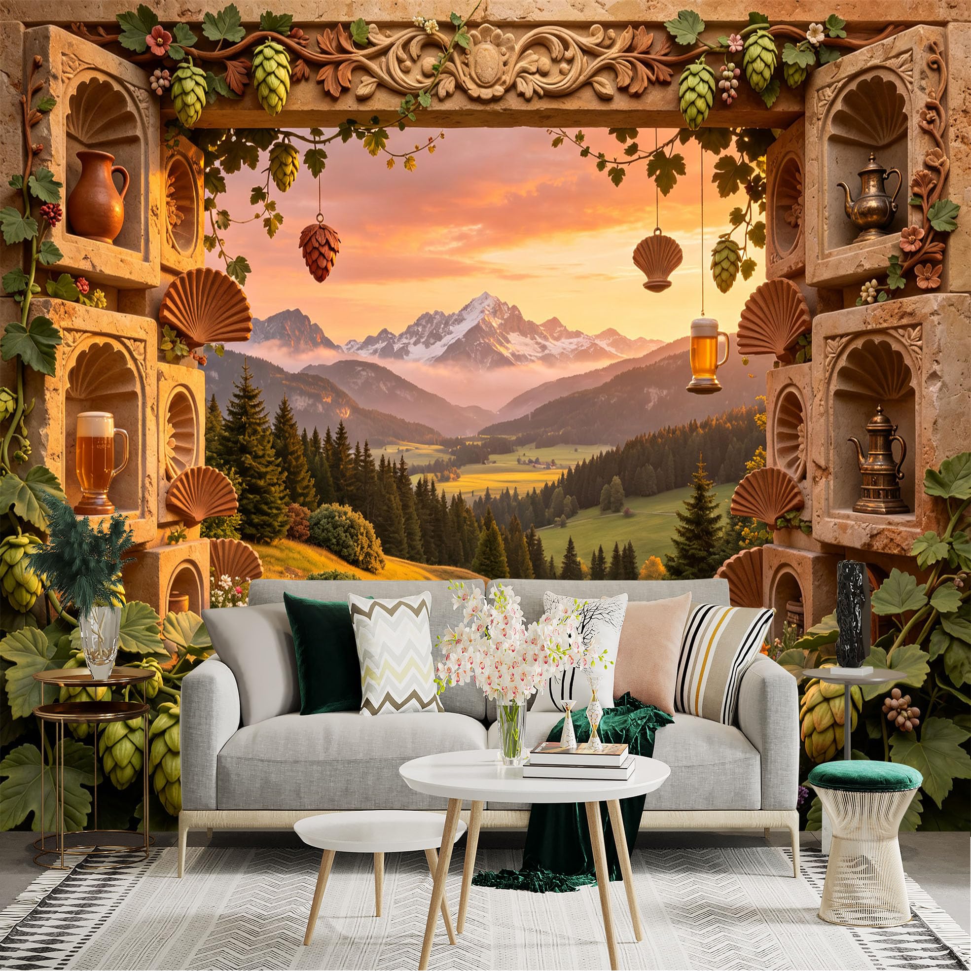 Lnzczhyre Bh260719327 Custom Size Wall Sticker Mural， Alpine Valley View， Sunset Mountains， Hops And Wildflowers， Beer Themed Decor， For Wall Decoration， Peelandstick Wall Decals.