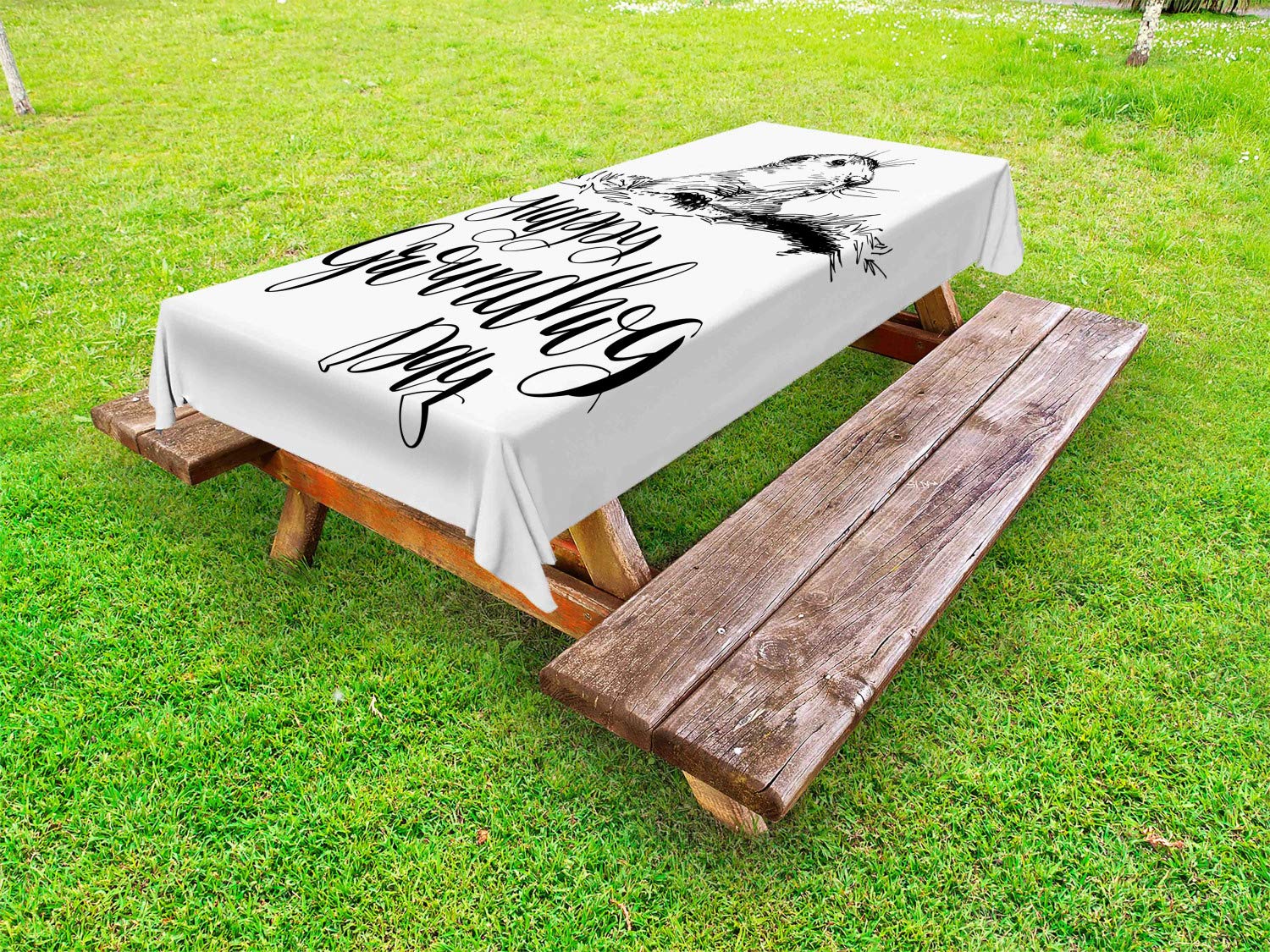 ABAKUHAUS Groundhog Day Collection Outdoor Tablecloth, Calligraphy Marmot, Decorative Washable Picnic Table Cloth, 58" X 120", Charcoal Grey White