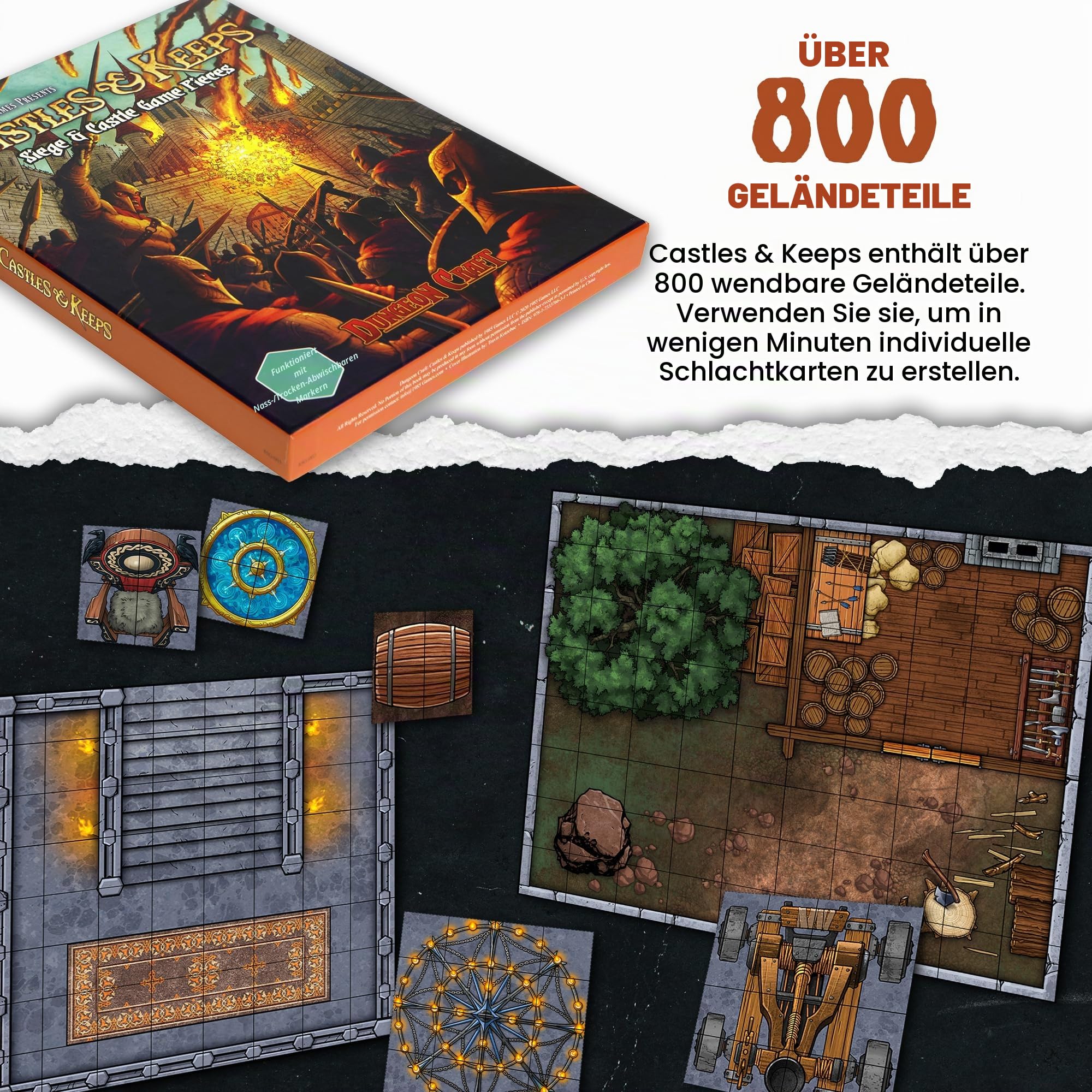 DUNGEON CRAFT: Castles & Keeps Brettspiel, 1000+ Fantasy Tabletop Rollenspiel Geländefliesen für Dungeon Battle Maps, doppelseitig, trocken/nass abwischbar – D&D kompatibel