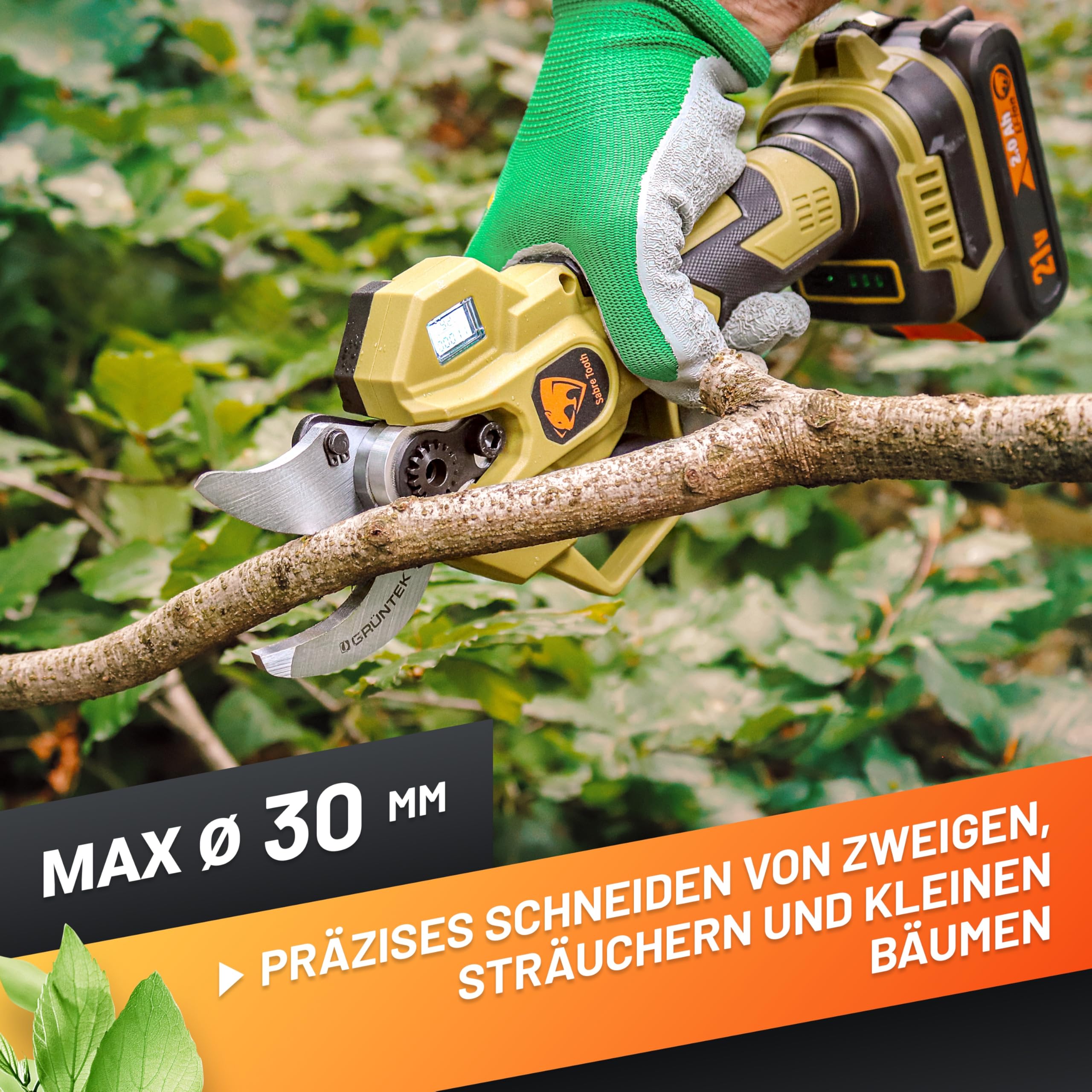 GRÜNTEK Akku Astschere 21V 2Ah Brushless, Elektrische Gartenschere Akku bis 30mm, 400W Bürstenloser Motor SK5 Klinge Makita-Kompatibel, Koffer Komplett-Set Baumschere Akkuschere