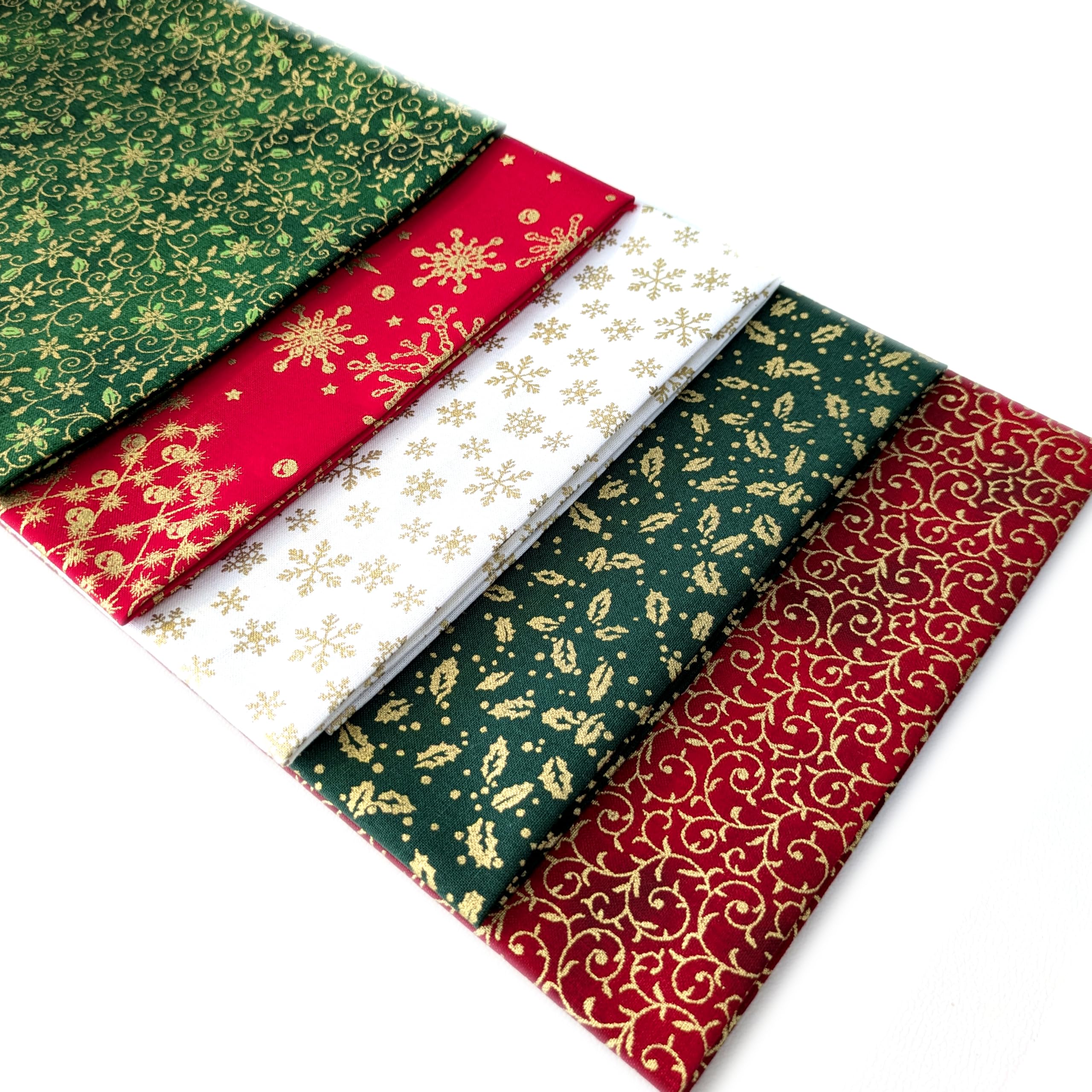Christmas First Snowfall Fat Quarter Fabric Bundle - Festive Reds, Greens, Creams & Golds 100% Cotton Fabric 5 x Fat Quarters 50x54cm