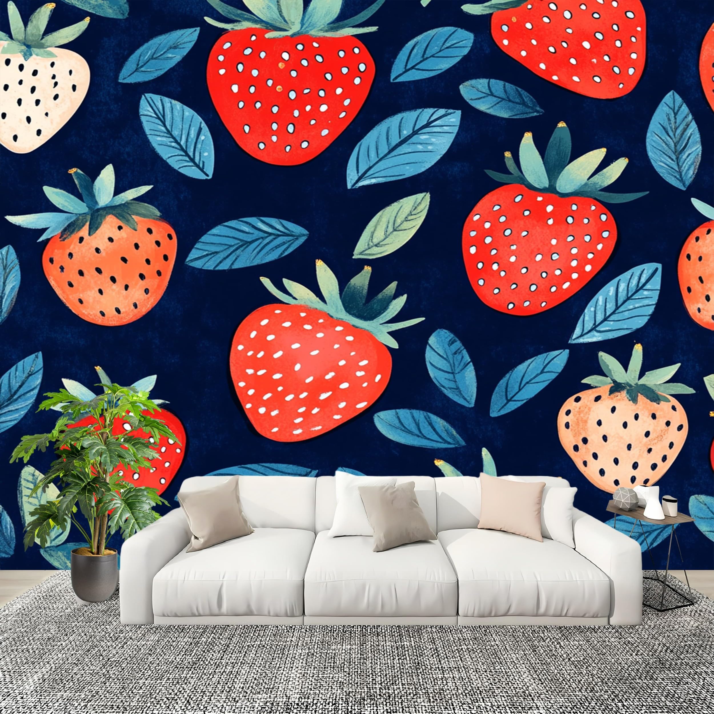 Décoration murale papier peint intissé enfant bleu avec poster fraise