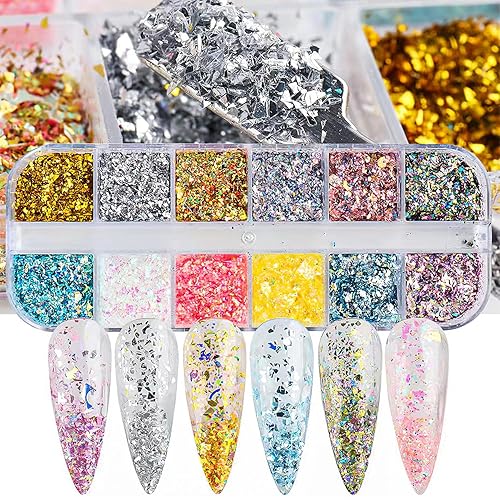 Fragmentos irregulares de lámina de uñas con purpurina para arte de uñas, copos de lámina de ópalo con purpurina de aurora, polvos acrílicos para