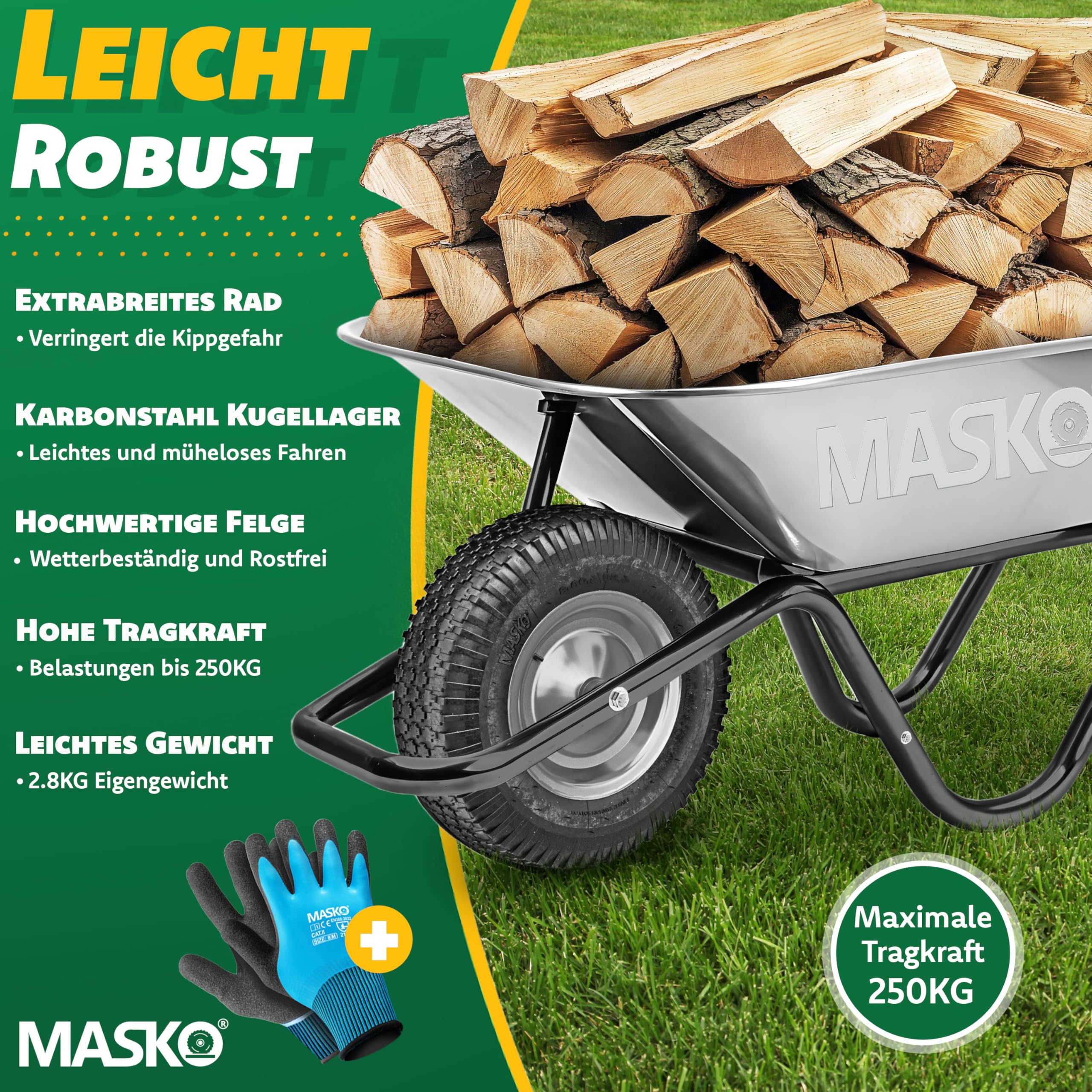 MASKO® Schubkarrenrad Luftbereifung 250kg Ersatzrad Luftreifen Schubkarre Gartenkarre 40cm / 15,6" extrabreit 9,5cm Luft-Rad pannensicherer Reifen mit Stahlfelge & Handschuhe Karbonstahl-Kugellager
