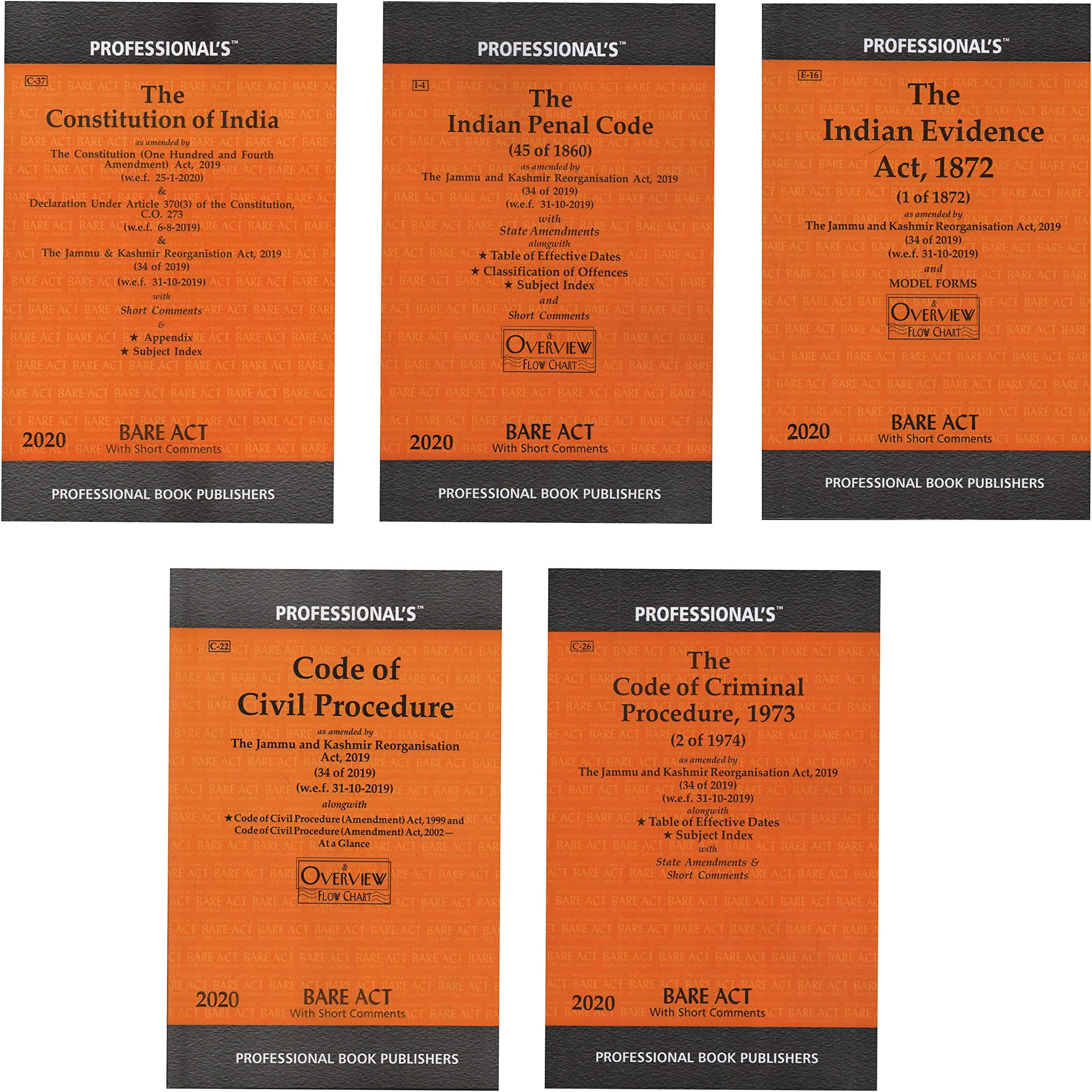Combo of 5 Books IPC, CrPC, CPC, Cnstitution of India, Indian Evidence Bare Acts with Short Comentsand State Amendmeds