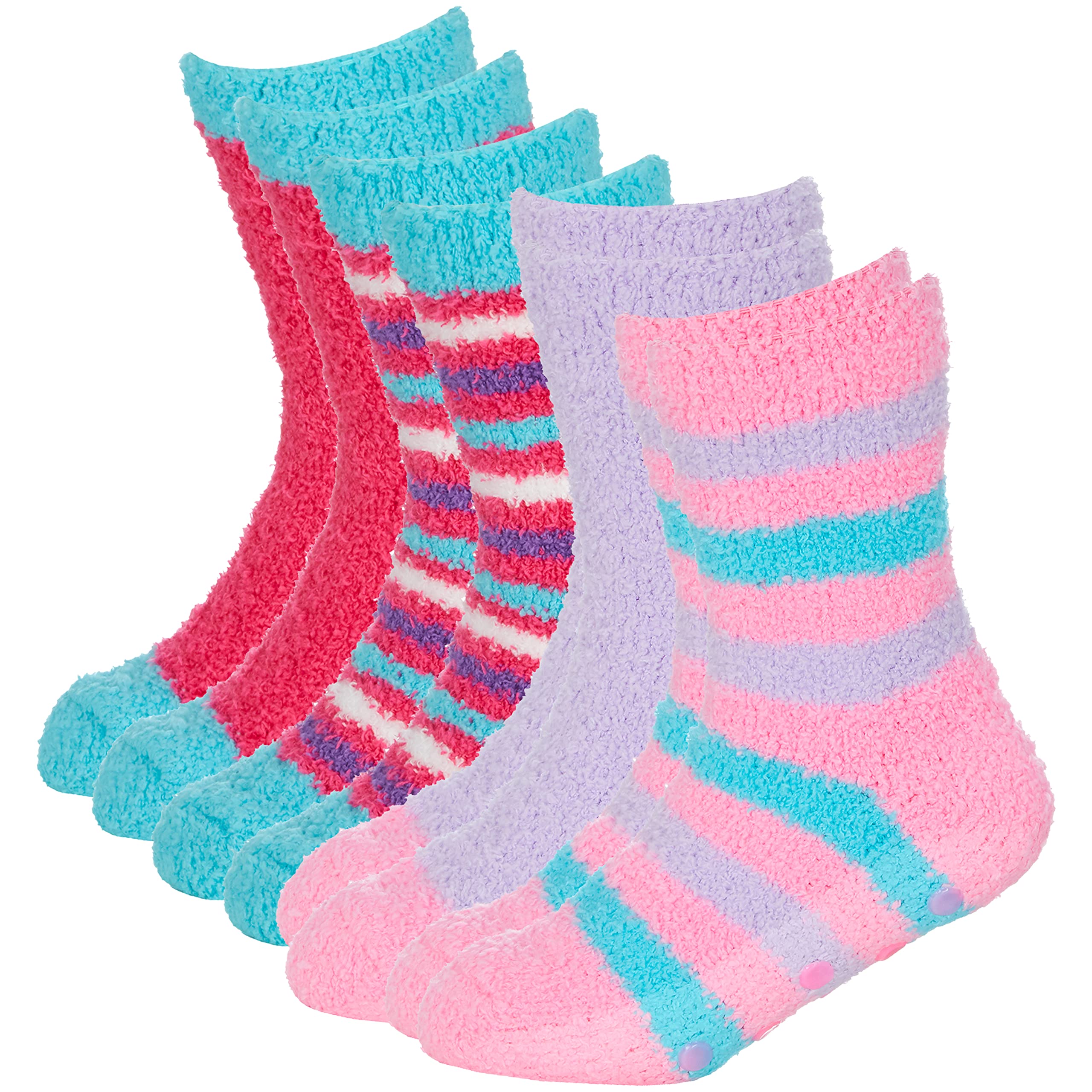 Metzuyan Childrens Girls 4 Pairs Fluffy Socks Cosy Chunky Non Slip Anti Grippers Socks Dark Pink Pink 6-8.5