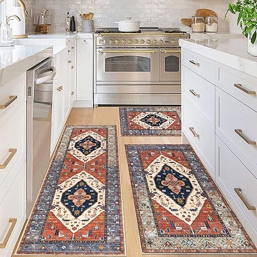 Miniatura 64 de Pauwer Juego de 3 alfombras de cocina antideslizantes y lavables para el suelo, alfombra de pasillo de cocina, alfombra bohemia para fregadero