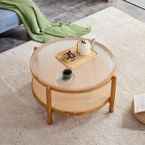 Miniatura 6 de Mesa de centro redonda, mesa de centro de vidrio de 33 pulgadas, mesa auxiliar moderna de 2 niveles con patas de madera maciza. Mesa de té auxiliar