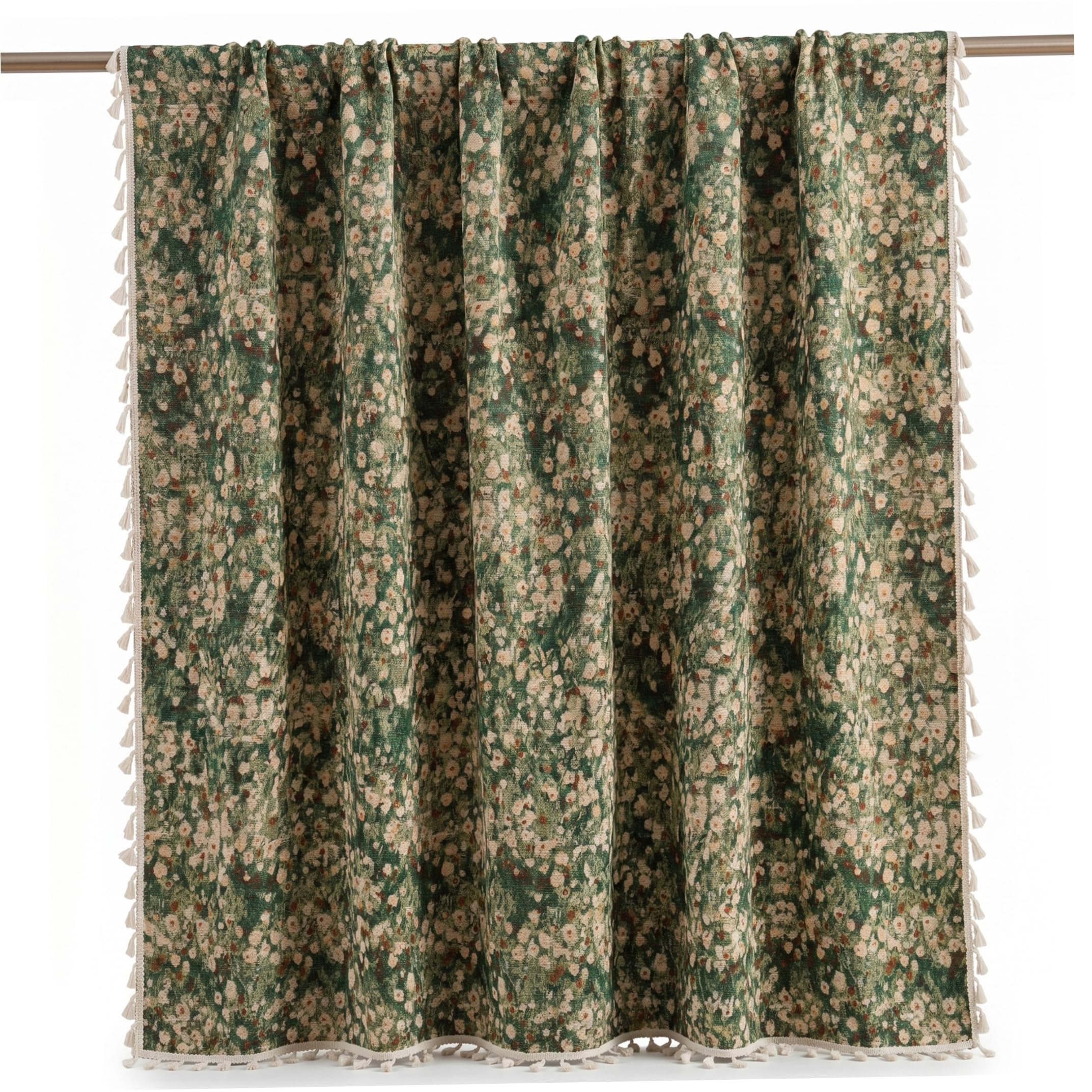 Neptuiby Botanical Curtains Boho Floral Jacquard Curtains with Tassels Semi-blackout Vintage Window Drapes Green 59x63 Inch.