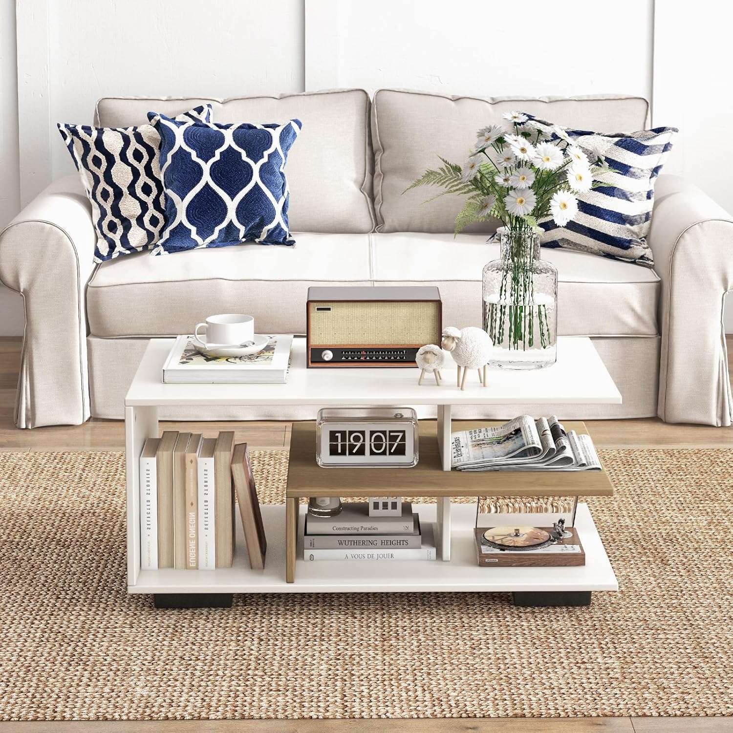 Giantex Modern Rectangular Accent Table with L-Shaped Middle Shelf, 3-Tier Cocktail Table for Living Room (Natural and White)