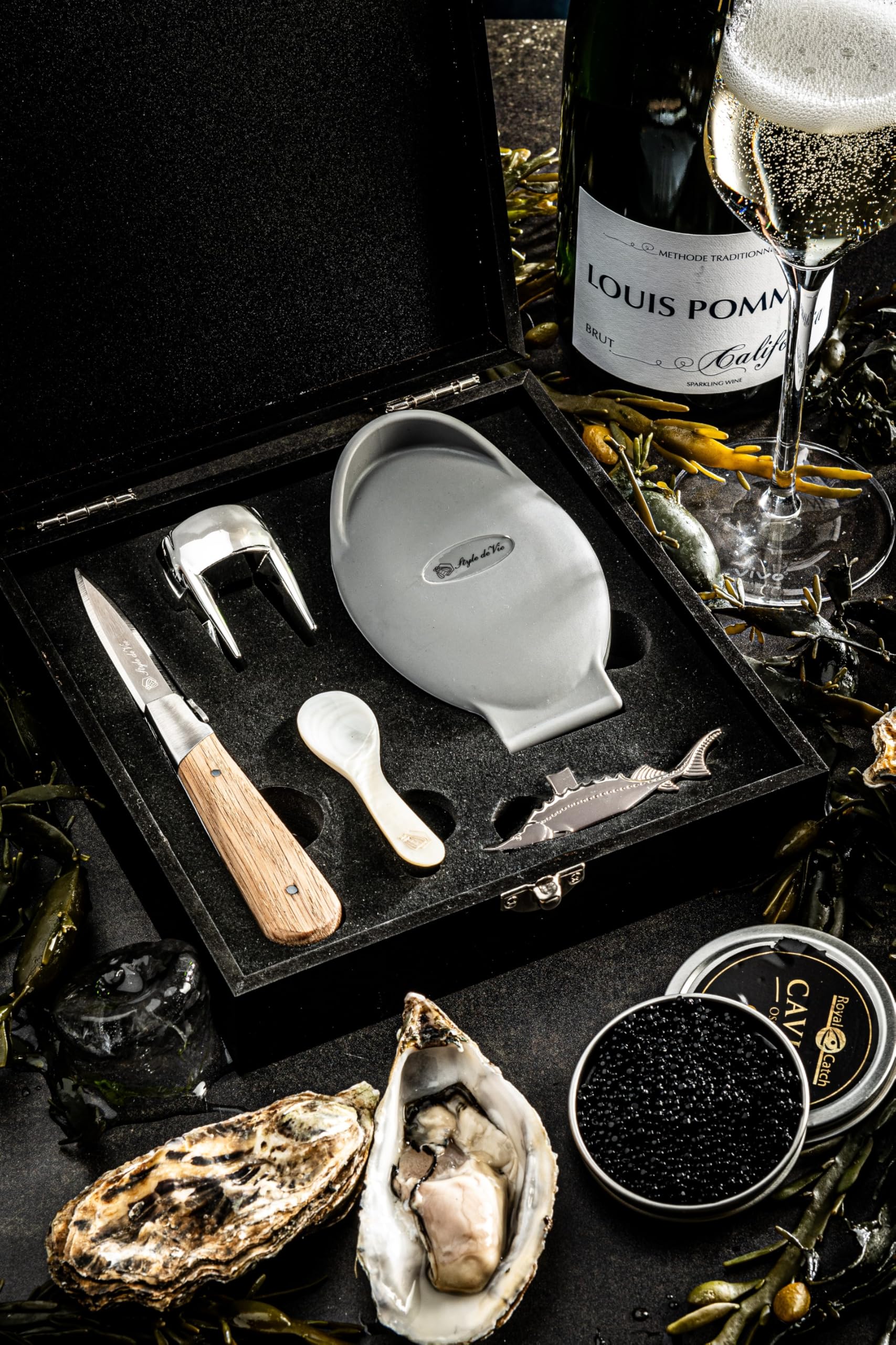 Laguiole Style de Vie Austernmesser, Kaviar set mit Champagneröffner, The Exclusive Edition, 5-telige set