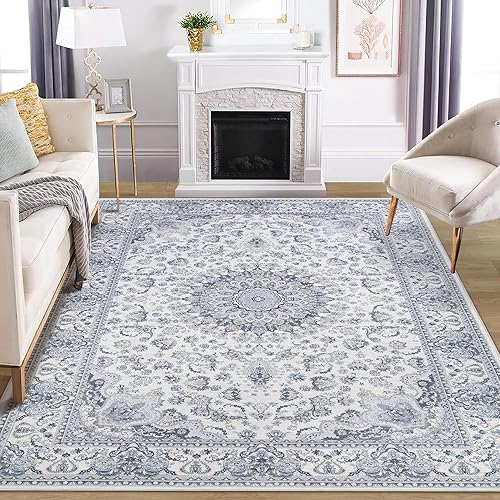 Washable Rug Living Room Rugs: 9x12 Area Rug Large Machine Washable Non Slip Carpet Soft Indoor Floral Ultra Thin Non-Shedding Carpets for Dining Farmhouse Bedroom Nursery Home Office Blue Grey White