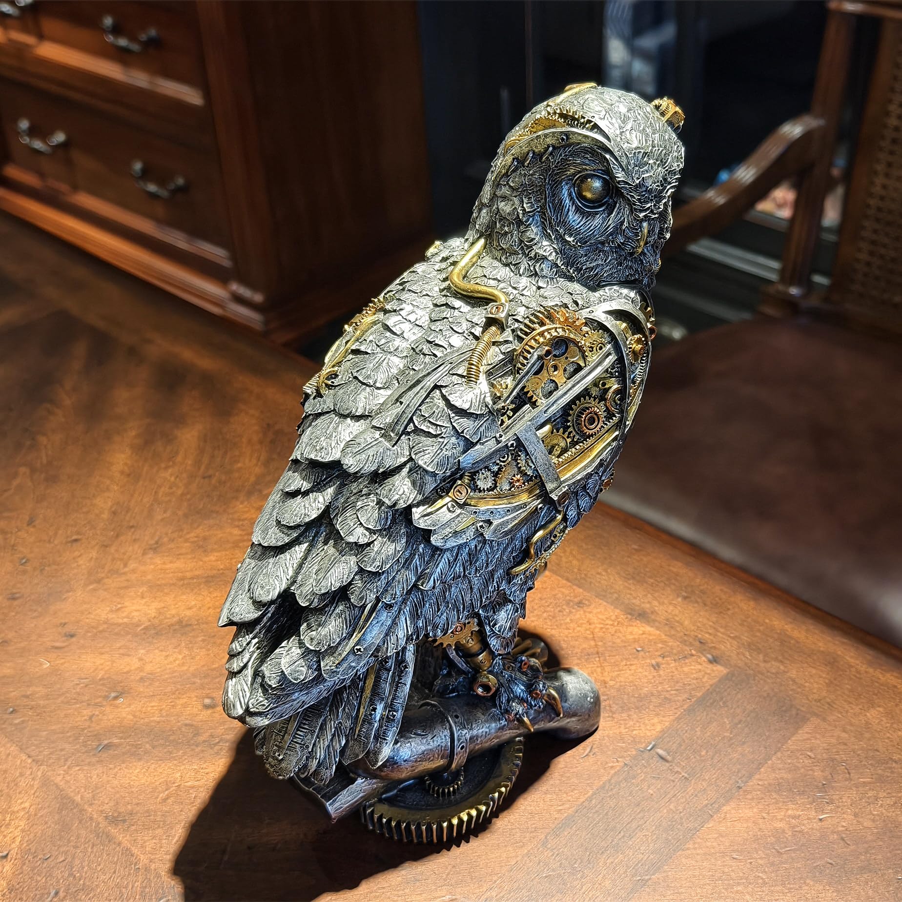OUTOUR Steampunk Sowa Statua 39 cm H Metaliczny Srebrny Złoty Gotycki Kolekcjonerska Figurka Zwierząt Mądrość Prezent Sowa Rzeźba Dom Biuro Wystrój Salon Blat Wyświetlacz