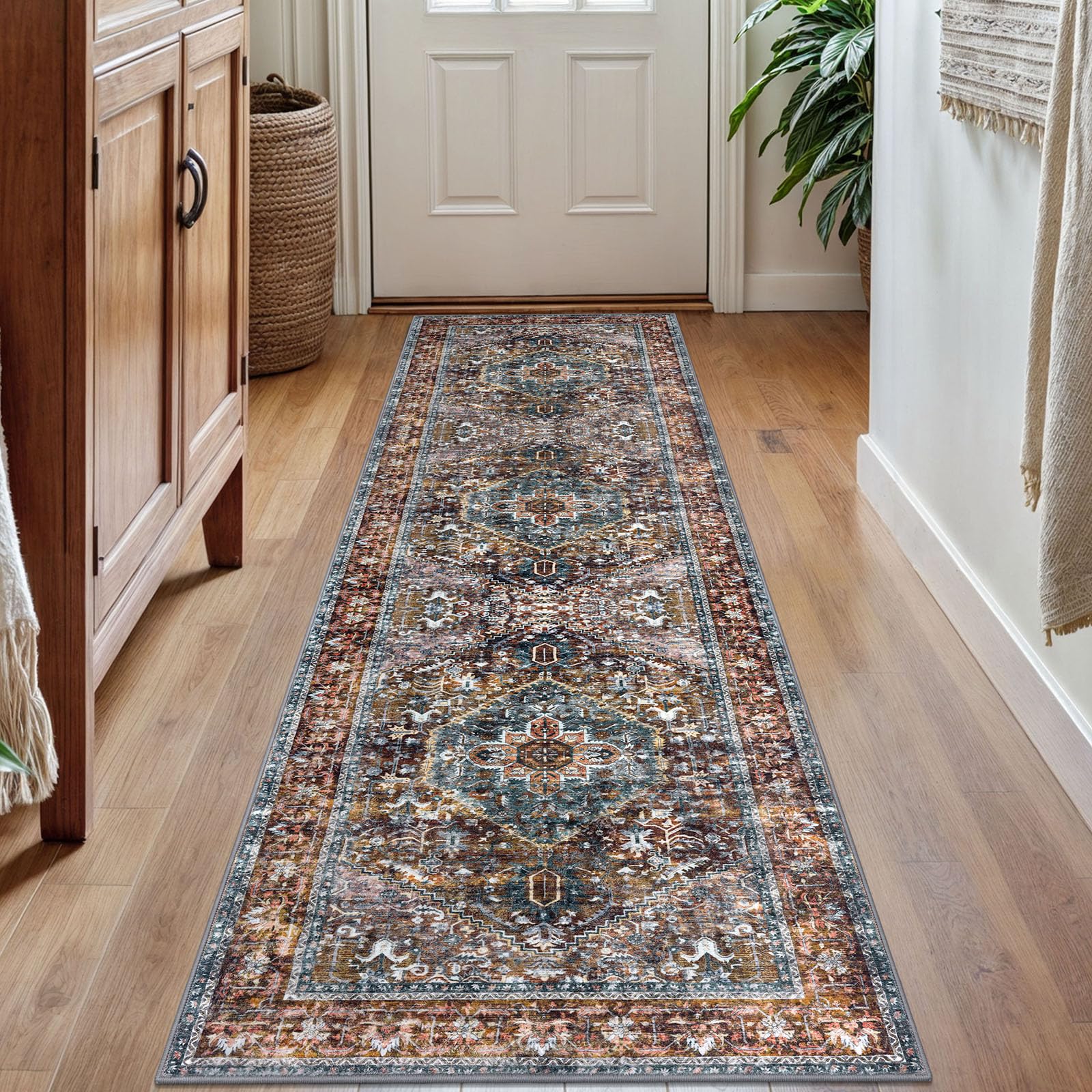KOZYFLY Runners for Hallways 2x7 Ft Washable Kitchen Runner Rug Boho Runner Rug for Entryway Indoor Printed Oriental Faux Wool Floor Carpet Runner for Bedroom Kitchen Hall, Brick Red/Orange/Green — image 1