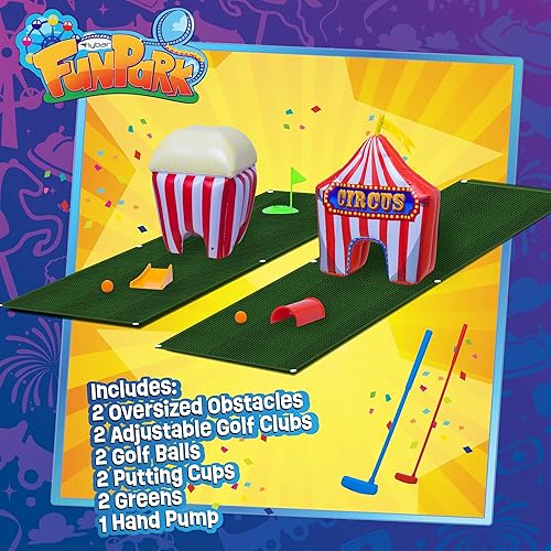 Miniatura 4 de FunPark - Juego de minigolf inflable  Campo de 13 piezas con palos ajustables, pelotas, copas de putting, tapetes verdes y obstáculos temáticos para