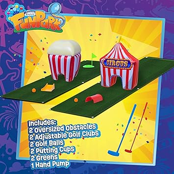 FunPark Inflatable Mini Golf Set 13-Piece Course with Adjustable Clubs, Balls, Putting Cups, Green Mats and Themed Obstacles for Indoor or Outdoor Play, Active Game for Boys ANG Girls, Ages 6+