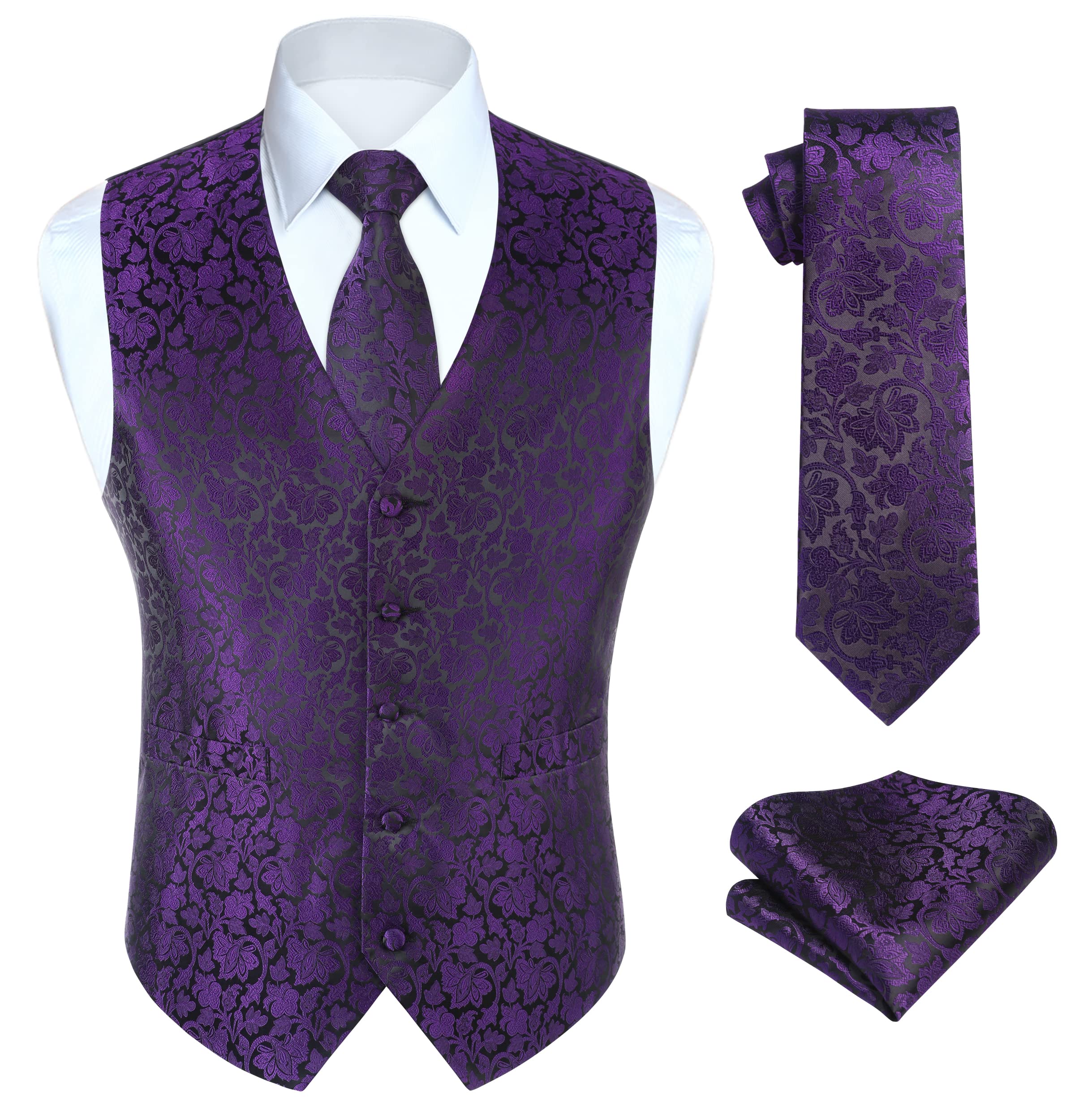 HISDERN Mens Vest Tie Set 3PC Formal Waistcoat Paisley Floral Jacquard Necktie Pocket Square Suit Vests Wedding Party