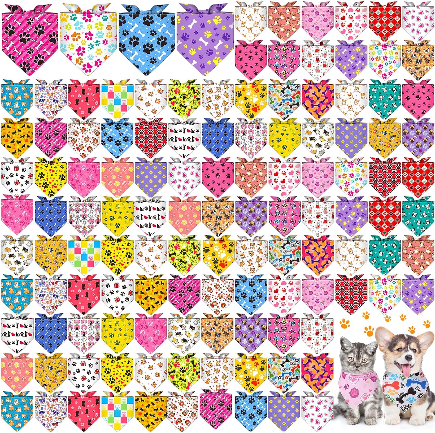 Sanwuta 120 Pcs Dog Print Bandanas Bulk, 40 Designs Adjustable Triangle Pet Scarves for Small Medium Large Dogs Cats, Paw Print and Bone Pattern Dog Bandanas for Everyday Wear and Grooming