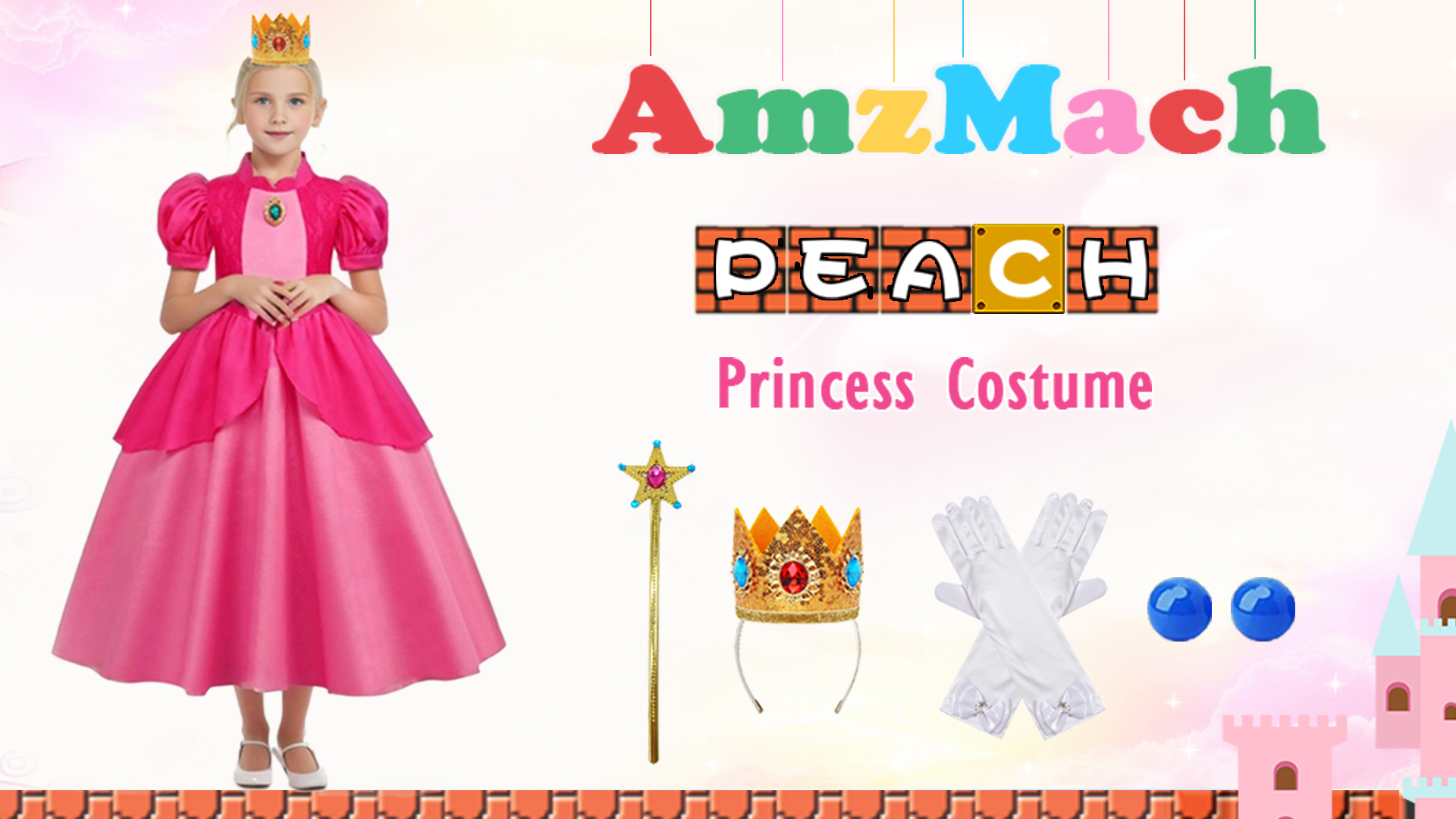 Amazon.com: AmzManch AmzMach Super Bros Princess Peach Dress for Girls  Deluxe Lace Costume Cosplay Party Dress Up Outfit with Accessories 3-4T :  Clothing, Shoes & Jewelry