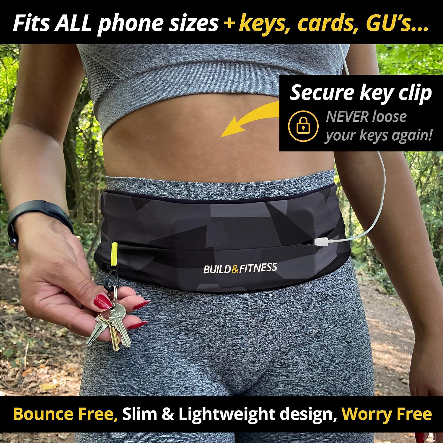 Build & Fitness Running Belt, Adjustable Waist Pack, Secure Key Clip, Light, Slim, Comfortable, Fits All Phones, Keys, Cards - Image 3