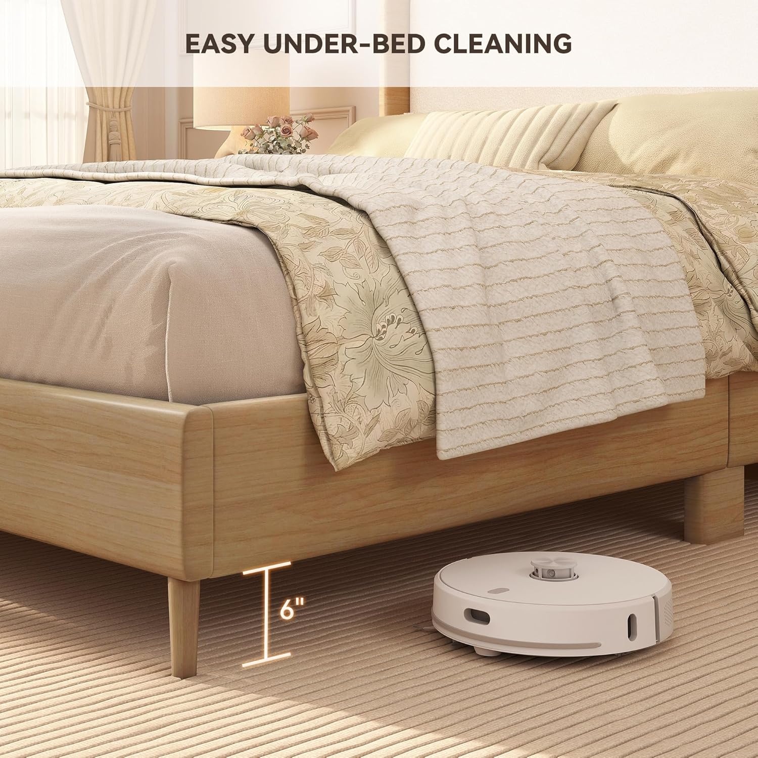 Torana Queen LED Bed Frame with Wingback Headboard, Natural Oak Finish Faux Leather Platform Beds with Wooden Slats Support, White Teddy Fleece Upholstered Bedframe, No Box Spring Needed