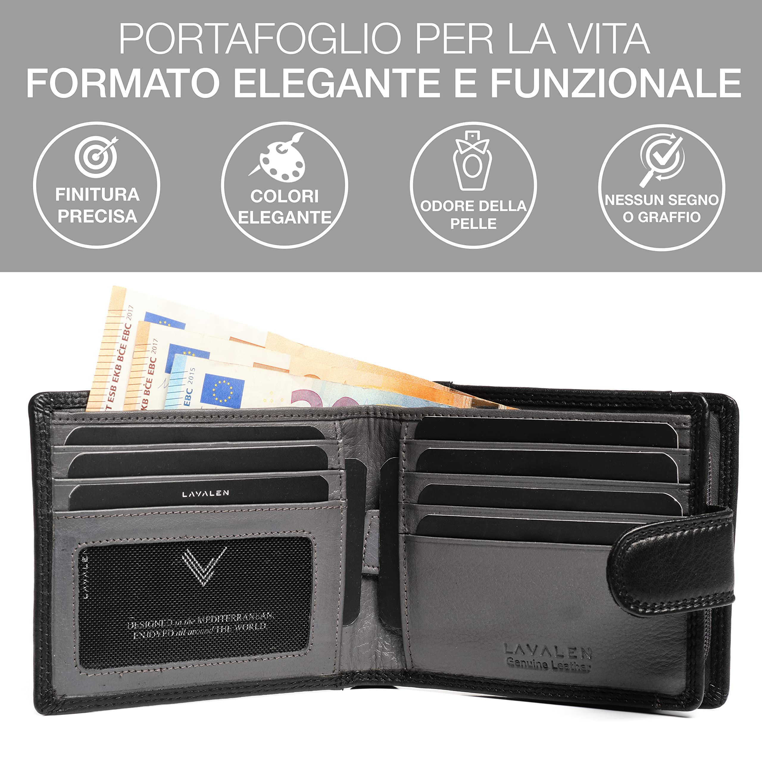 Lavalen® Portafoglio Uomo Pelle Vera con Blocco RFID - Portamonete Uomo con Cerniera Fatto a Mano - Portafoglio Ragazzo Grande Capacità - Portafoglio Porta Carte di Credito Regalo Uomo Perfetto.