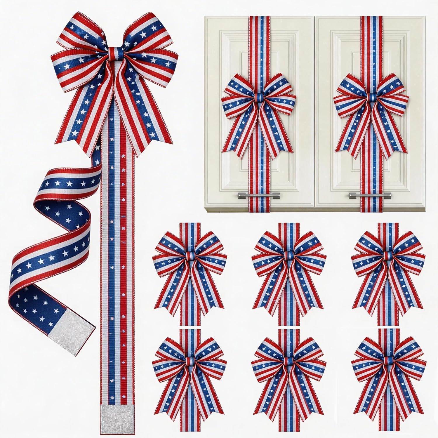 6Pcs Patriotic 4th of July Cabinet Bows，Large Ribbon Bows American Flag Stripe Star Print for Kitchen Home Party Supplies (A, 6 Pcs)