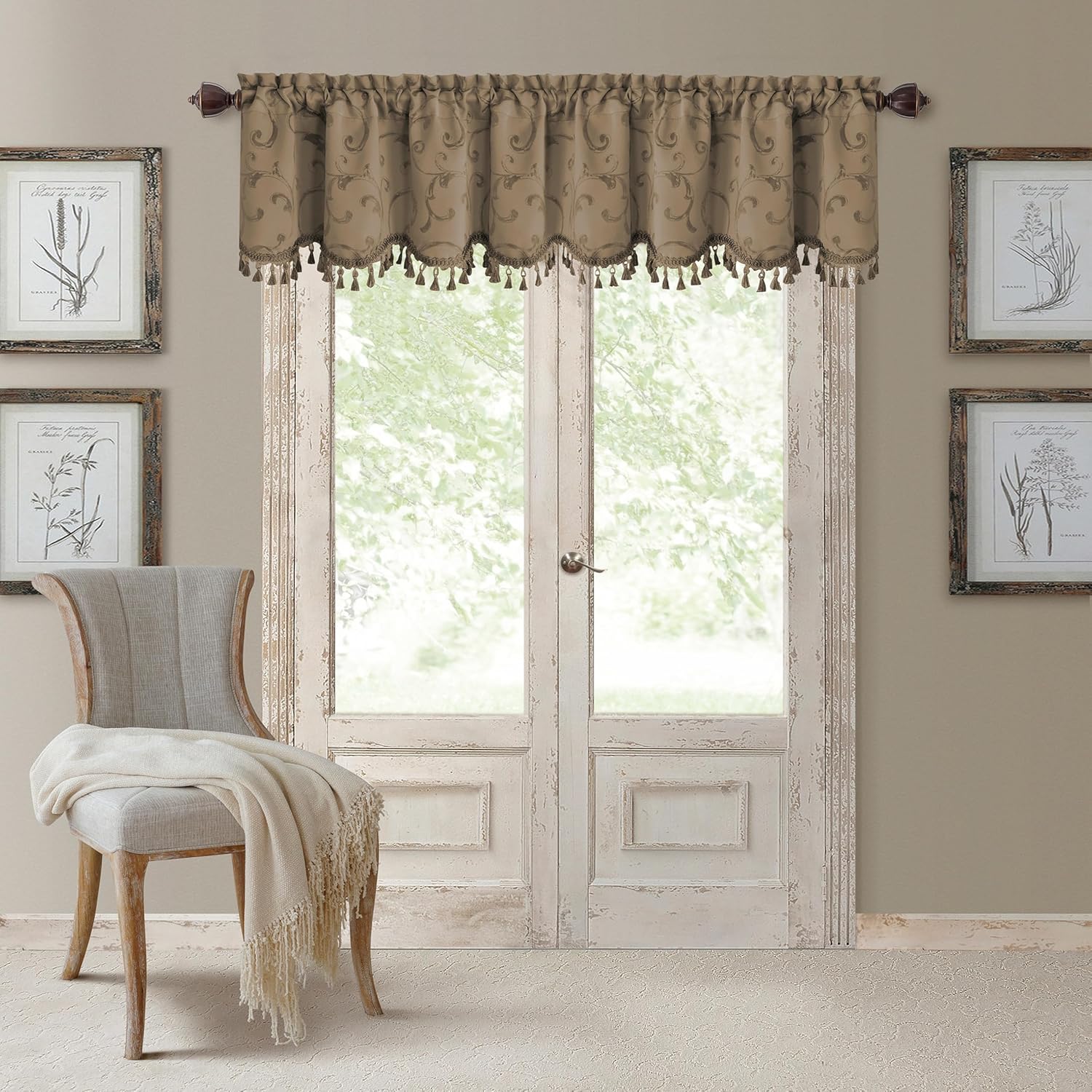 Elrene Home Fashions Mia Jacquard Scroll Blackout Valance, 52" x 19" (1 Valance), Taupe
