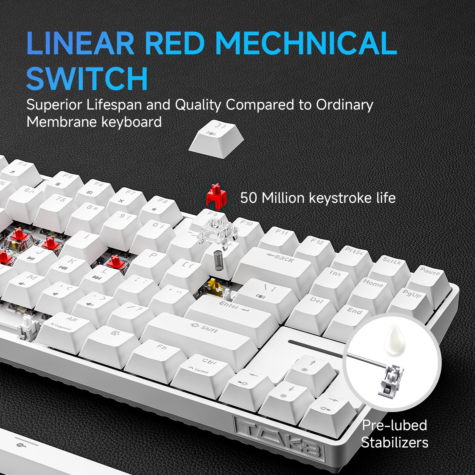 TMKB T87SE TKL Tastiera Meccanica Gaming, Tastiera Cablata con Interruttori Lineari Rossi, LED Retroilluminazione, Type-C Mini Compatti 87 Tasti Anti-Ghosting per PC Mac OS, Layout US, Bianca