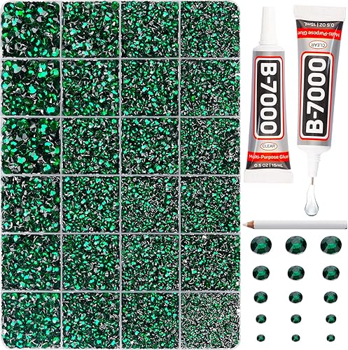B 7000 gemas de pegamento para 20100 unidades de diamantes de imitación verdes para ropa de manualidades, diamantes de imitación verde oscuro