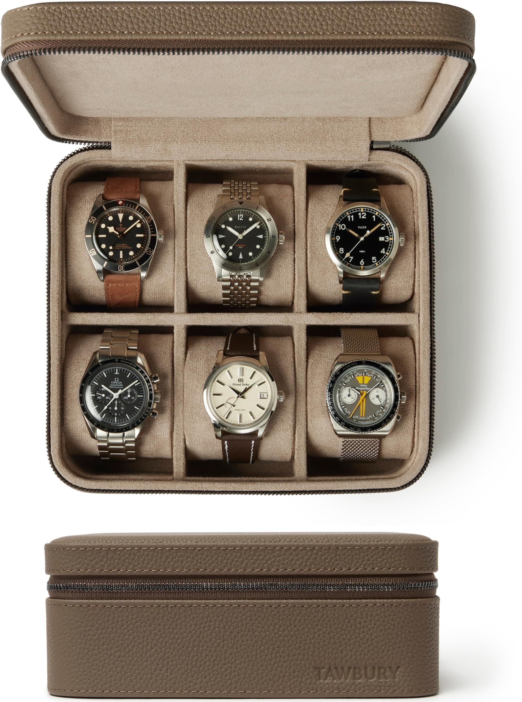 TAWBURY 6 Slot Leather Watch Case โ Unisex Luxury Travel Watch Case for Men and Women | Genuine Leather Watch Box 6 Slot | Portable Watch Carry Case | 6 Watch Holder for Men (Taupe)