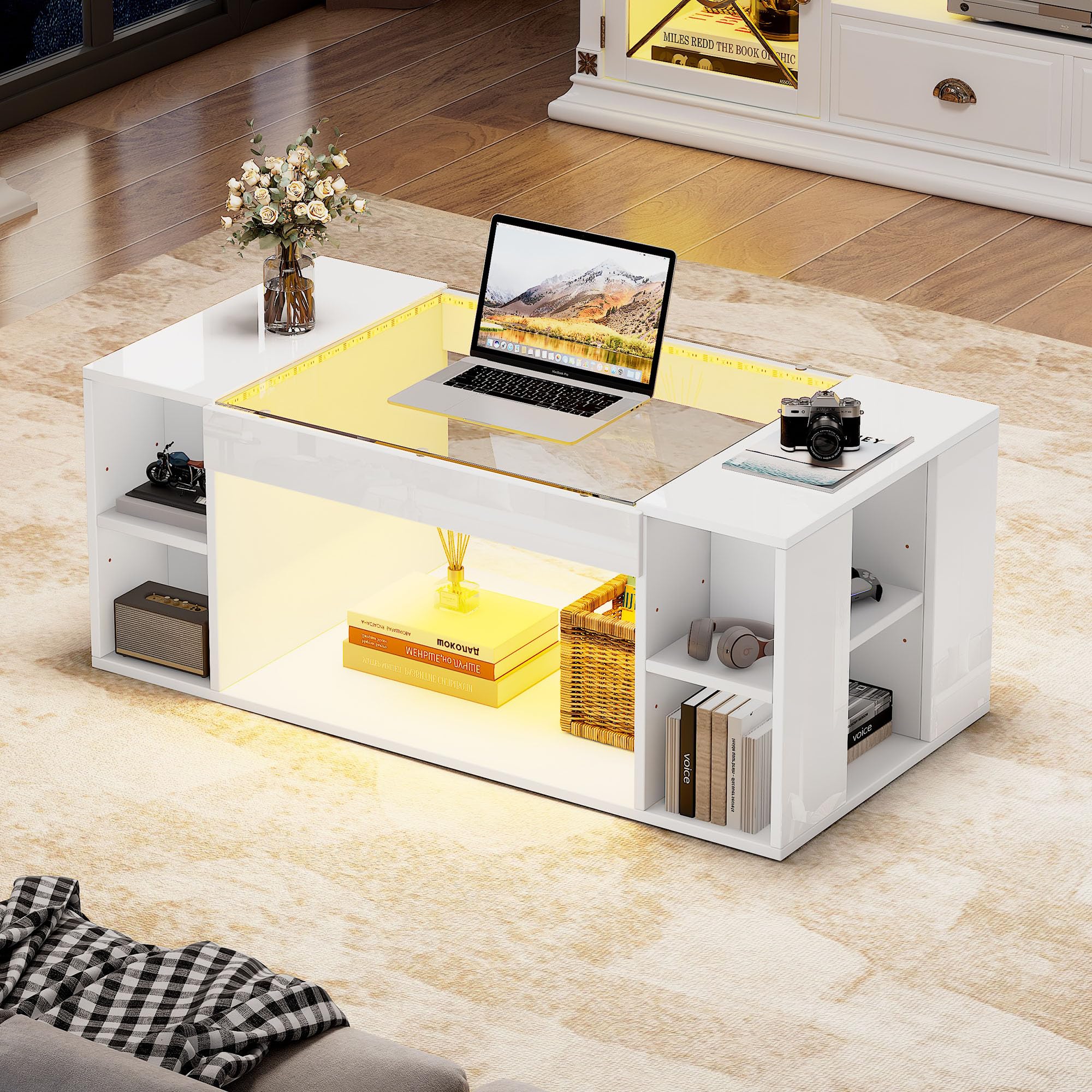 Coolfish 100 x 50 x 40 cm Coffee Table w/High Gloss Surface, Coffee Tables for Living Room w/LED Light String, Rectangle Tea Table w/Adjustable Storage Shelf — image 1