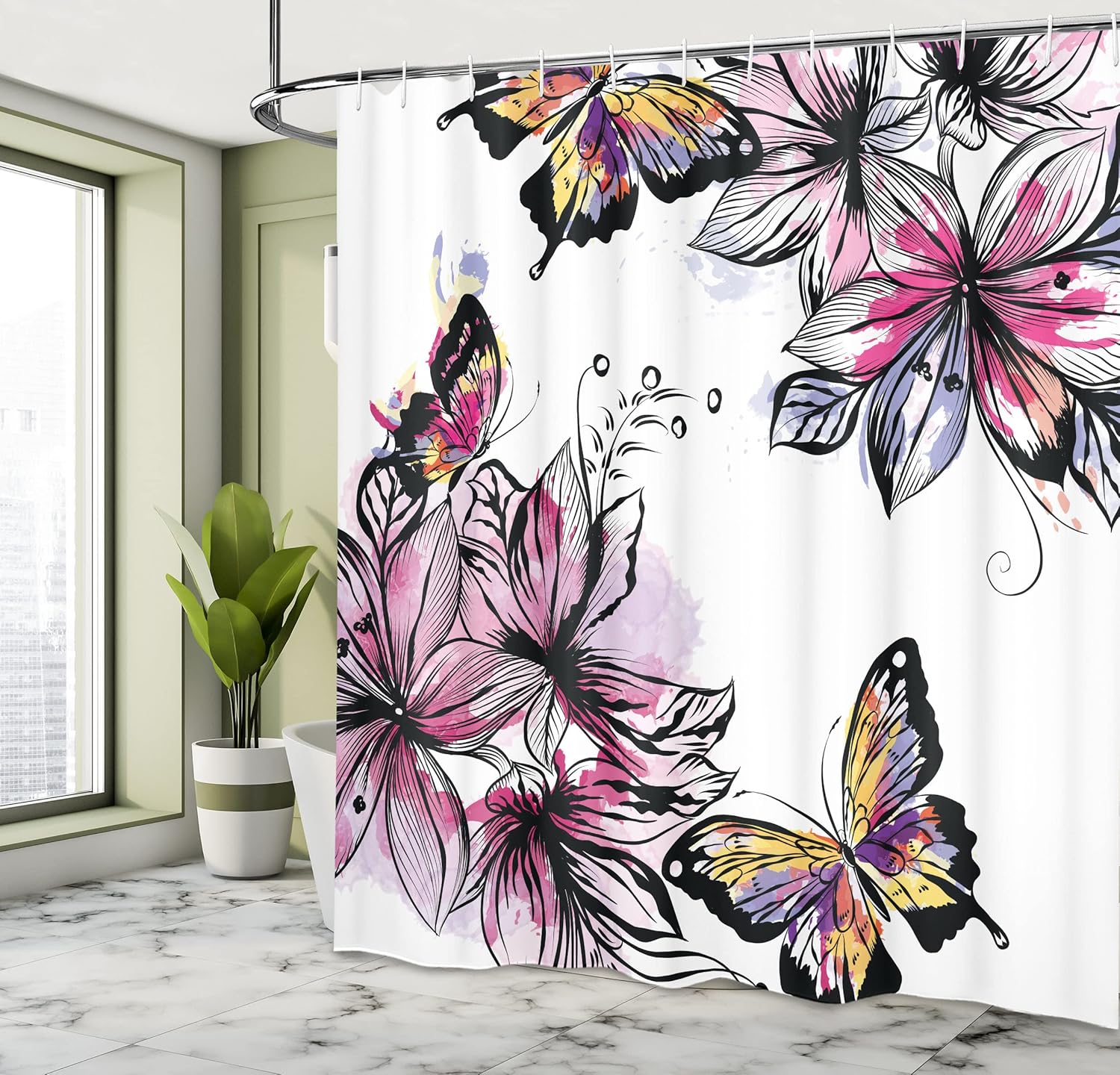 Ambesonne Floral Shower Curtain, Flower Blooms Botany Bouquets Colorful Butterflies Paintbrush Watercolor Print, Cloth Fabric Bathroom Decor Set with Hooks, 69" W x 70" L, Pink Black