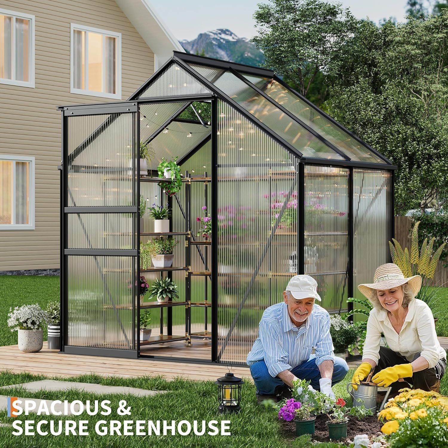 6x4 FT Polycarbonate Walk-in Greenhouse, Outdoor Garden Green House with Reinforced Aluminum Frame, Lockable Door & Adjustable Roof Vent, Easy Assembly Planting Shelter for Backyard Patio