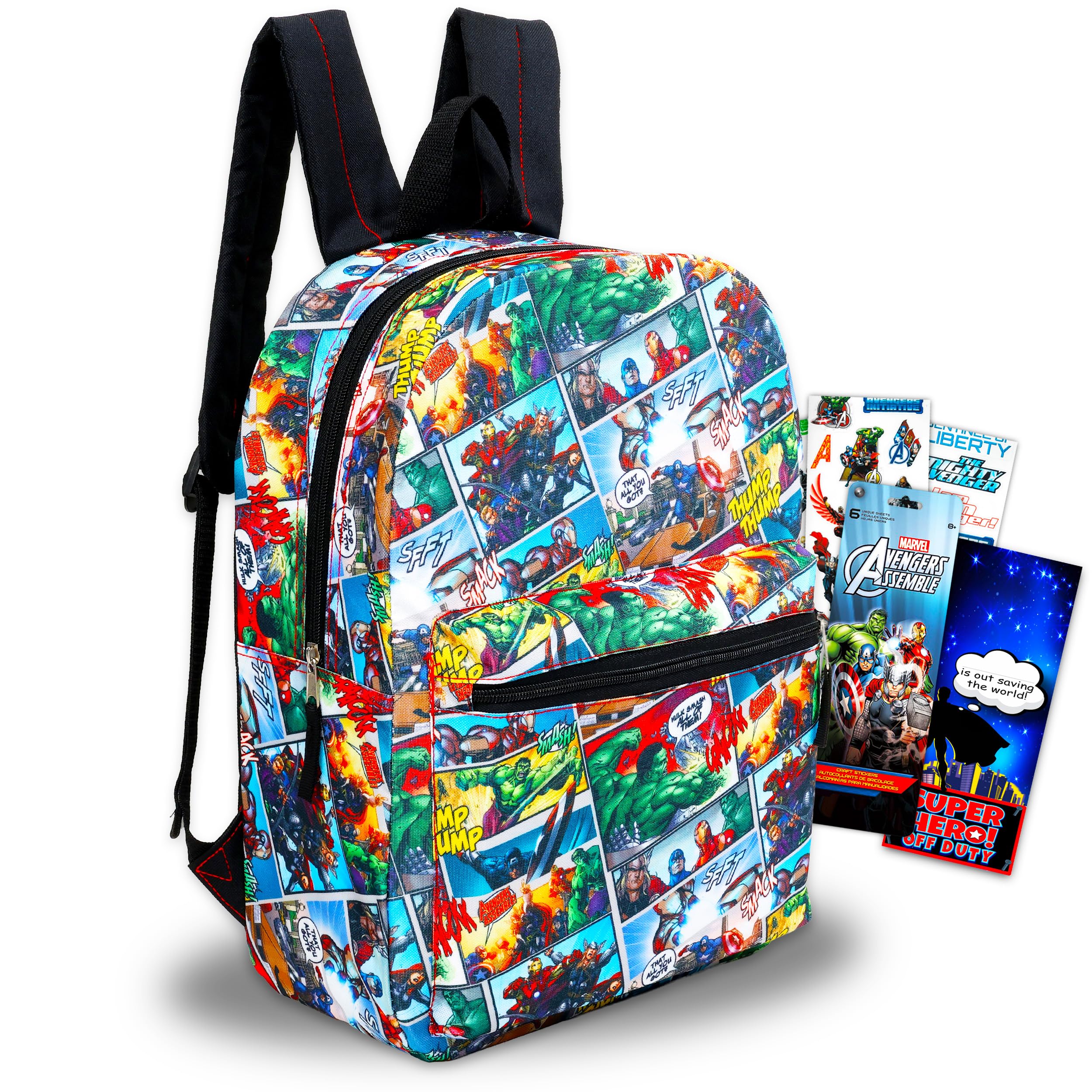 Marvel Avengers Backpack for Boys Girls Kids - 2 Pc Bundle with 16" Marvel Comics Avengers School Backpack Bag And Stickers (Avengers School Supplies)