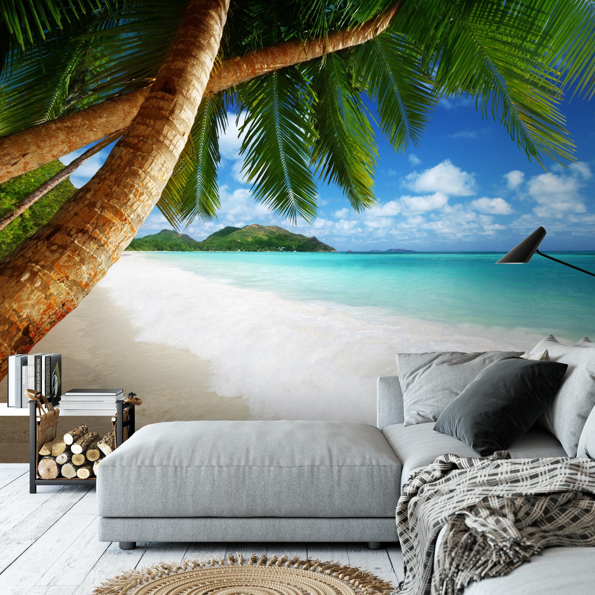 Runa Art Carta da parati fotografica 396 x 280 cm Spiaggia e mare palma | Vello Decorazione Murale Soggiorno Camera Da Letto | Manifattura tedesca | Verde blu 9004012b