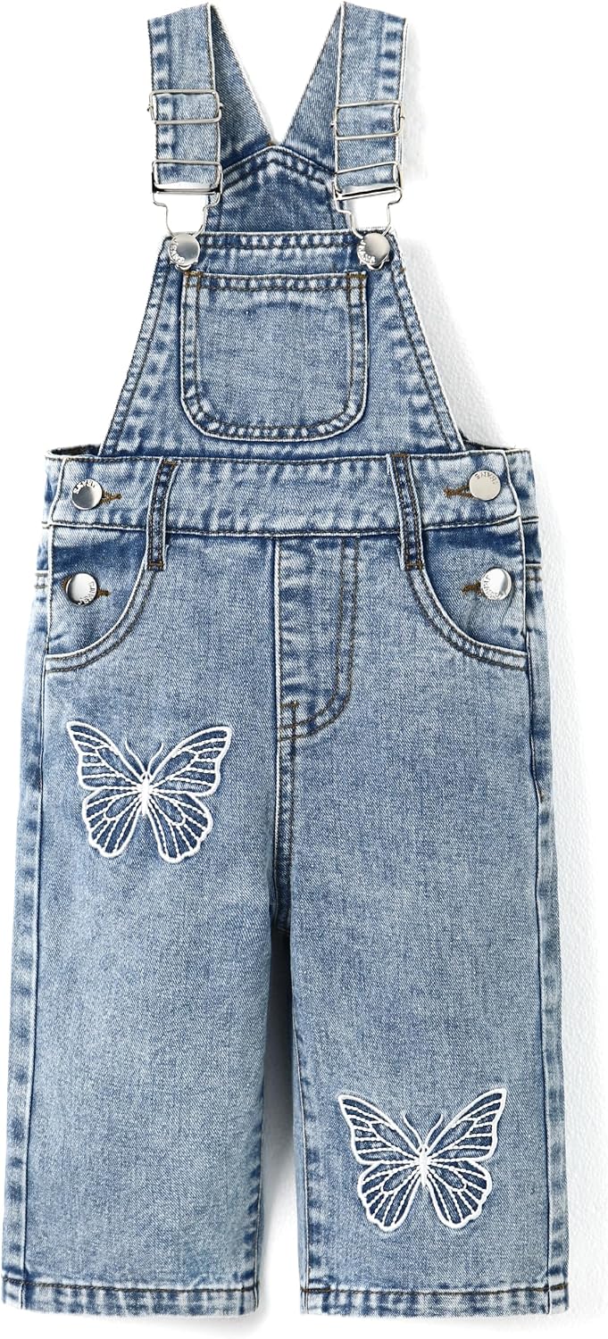 KIDSCOOL SPACE Baby Little Girls Butterfly Embroidered Denim Overalls, Adjustable Bib Jeans Pants,24M-7Y
