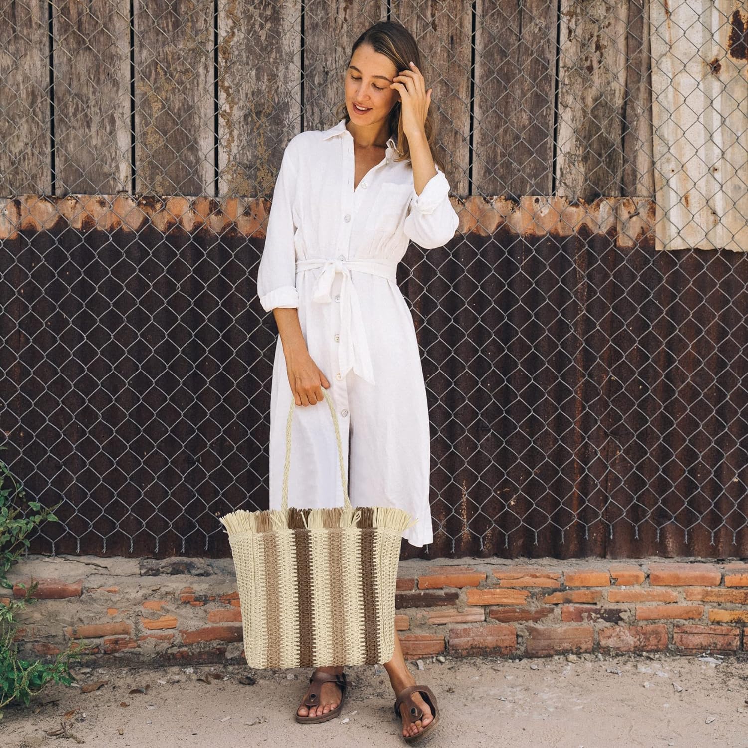 Women Large Fringe Stripes Straw Woven Shoulder Bag Bohemian Beach Travel Top-handle Bag Tote