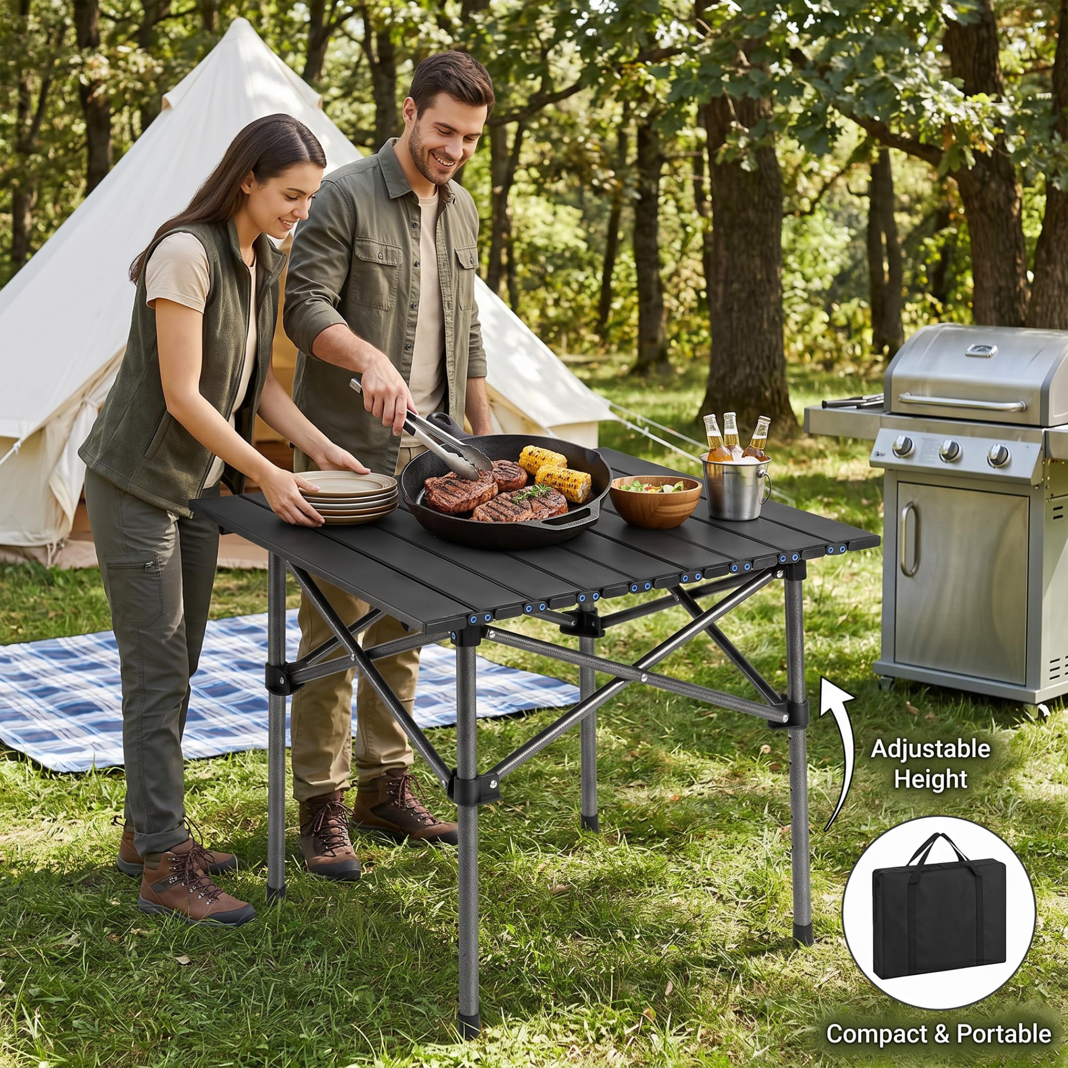 Mesa de Camping Enrollable de 19, 69 x 19, 69 Pulgadas con Marco de Acero al Carbono, Mesa Auxiliar pequeña Plegable portátil para Picnic al Aire Libre, Playa, mochilero, Negro