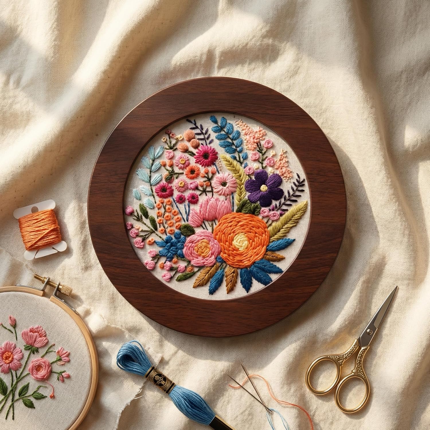 RattanView 12 Pcs 8 Inch Wood Embroidery Hoop Frame with Embroidery Hoops Round Finished Cross Stitch Hoop Frame for DIY Art Craft Sewing Ornaments(Walnut)
