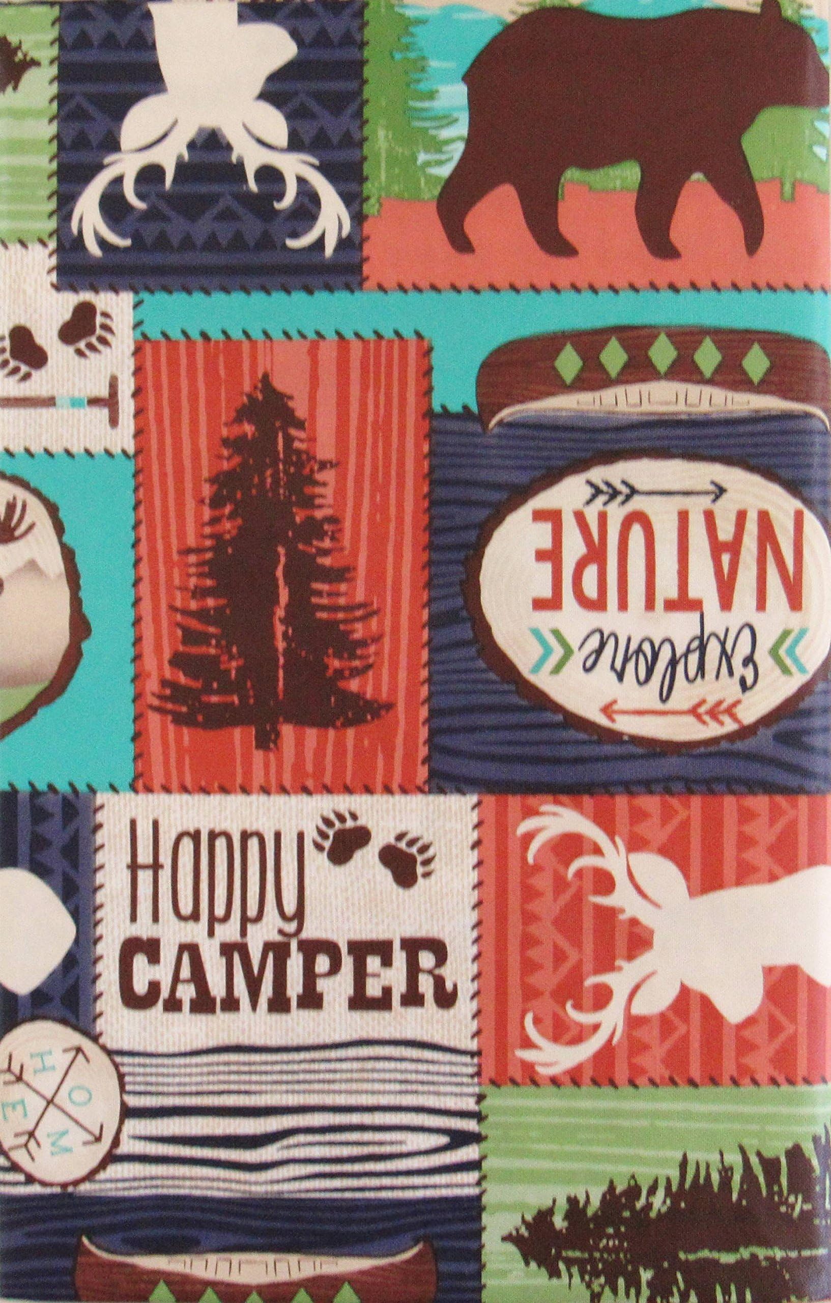 Lodge Happy Camper Patchwork Vinyl Flannel Back Tablecloth (60" Round)