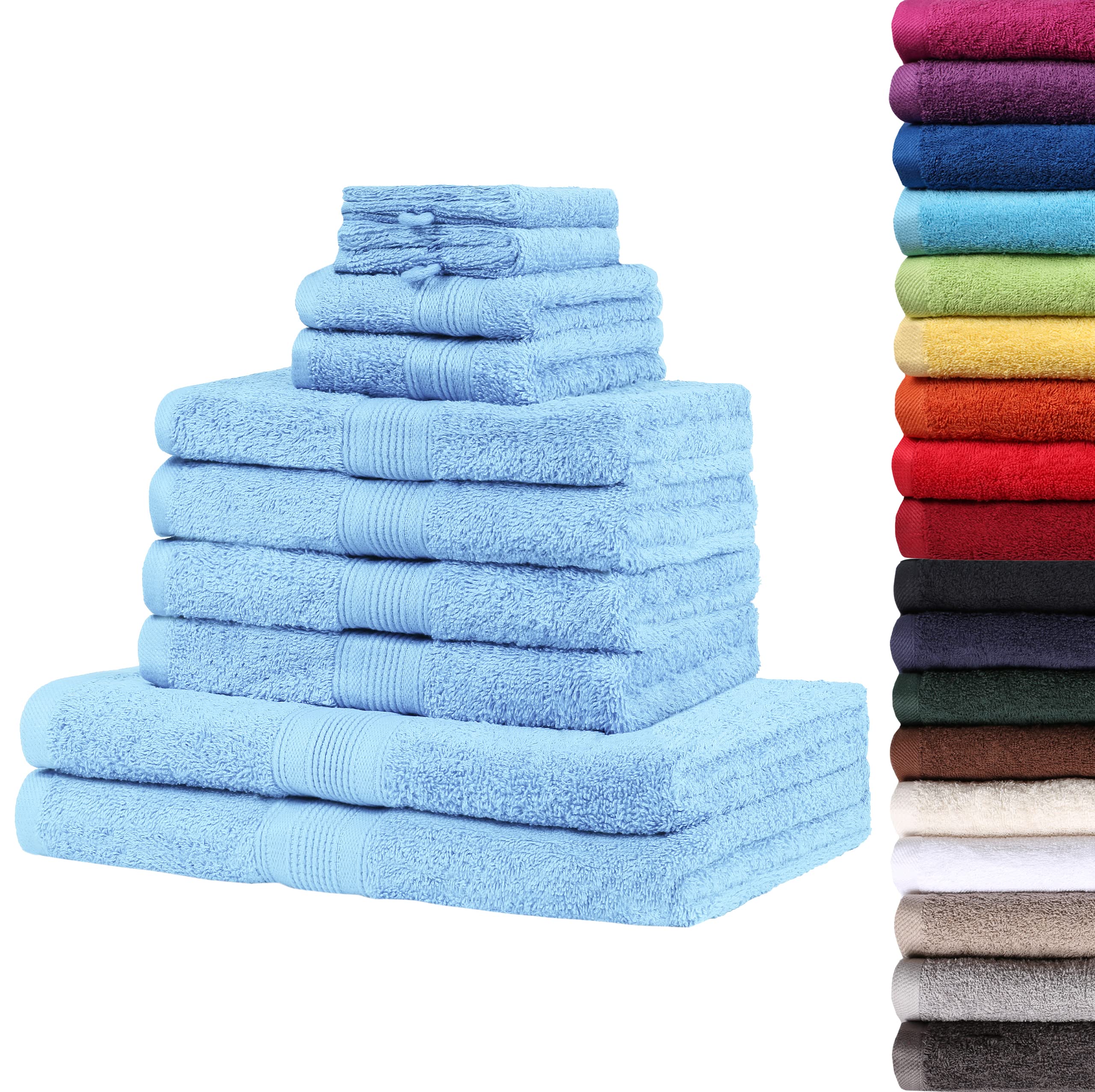 NatureMark, set di asciugamani in spugna, 10 pezzi di diverse misure, 4 asciugamani, 2 asciugamani da doccia, 2 asciugamani per ospiti, 2 guanti, azzurro, 10 tlg. Frottier Set