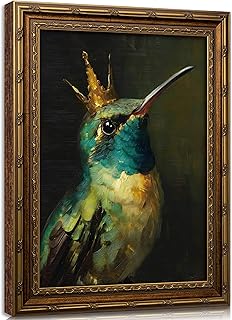 Vintage Gold Framed Canvas Wall Art Whimsical Hummingbird Painting Picture Wall Decor Boho Bird Poster Print Artwork for Living Room Bedroom Home Decoration