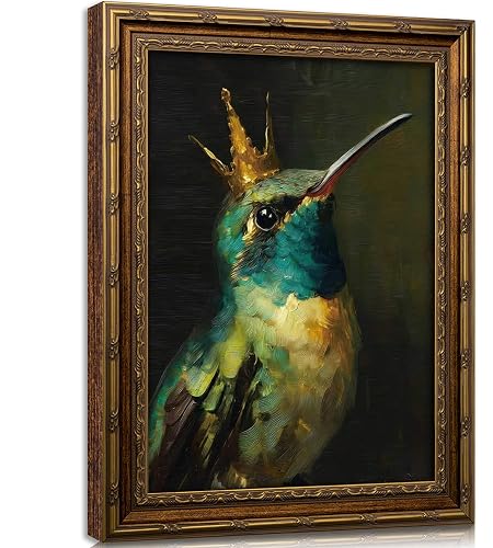Vintage Gold Framed Canvas Wall Art Whimsical Hummingbird Painting Picture