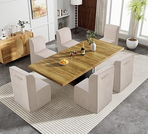 Miniatura 18 de Juego de mesa de comedor extensible marrón de 9 piezas para 8, 63-78.74 pulgadas, juego de mesa de comedor extensible de madera rectangular y sillas