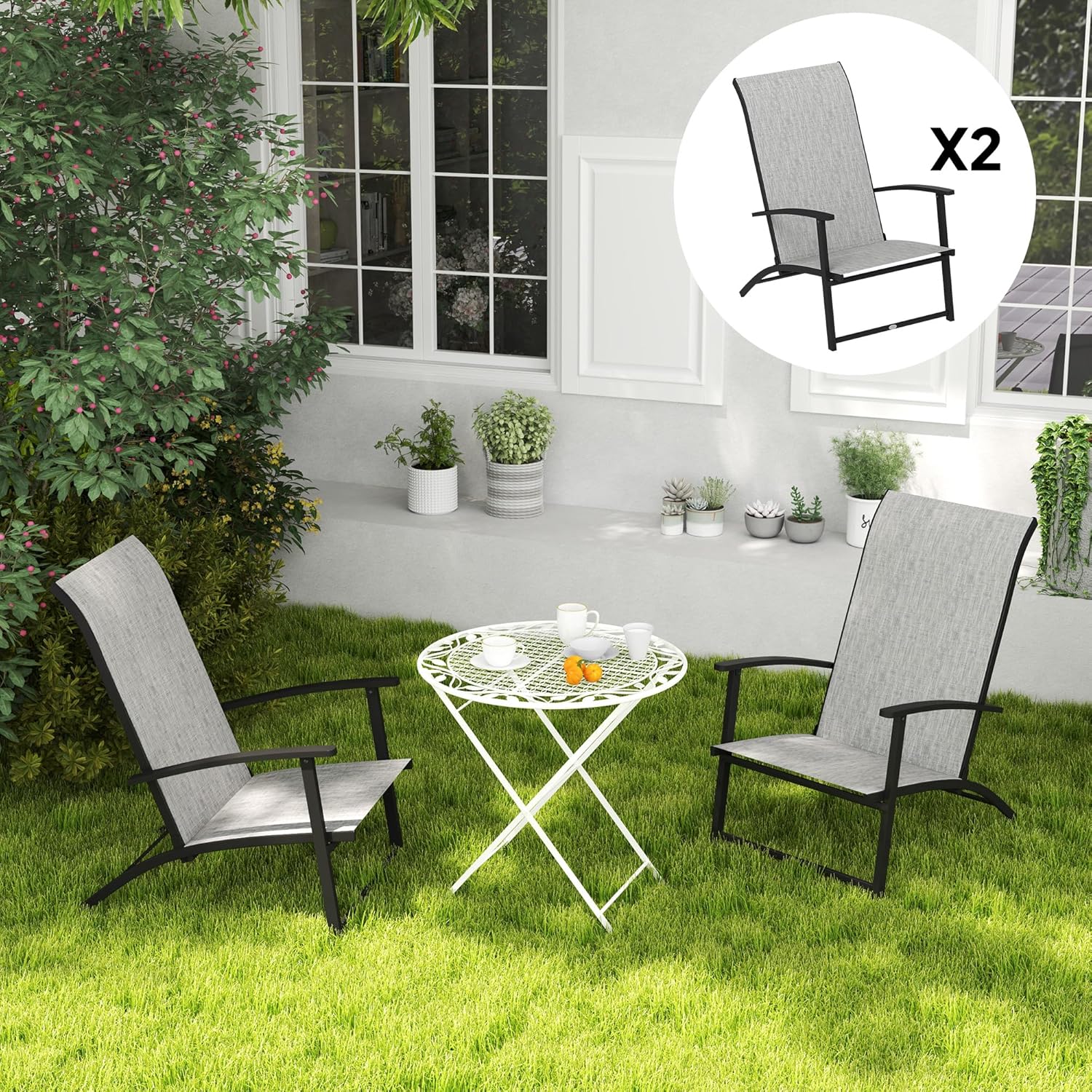 Outsunny Folding Patio Chairs Set of 2, Portable Outdoor Dining Chairs with High Back and Armrests, Breathable Mesh Fabric Seat, Metal Frame Patio Chair Set for Porch, Lawn, Camping, Gray