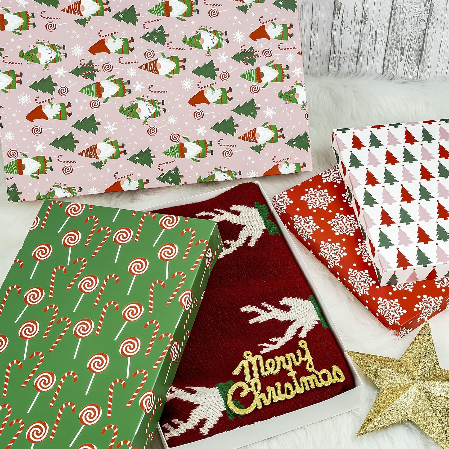 WRAPAHOLIC 12 Pack Christmas Boxes - Assorted Size Holiday T-Shirt Boxes with Lids(Red and Green Gnome, Candy Canes, Snowflakes, Christmas Trees Holiday Collection) for Gift Wrap