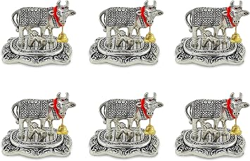 NOBILITY Pooja Items Diwali Gift Silver Antique Small Kamdhenu Cow with Calf Metal Statue Decorative Item Showpiece for Home Office Decoration Wedding Return Gifts 6 Pcs
